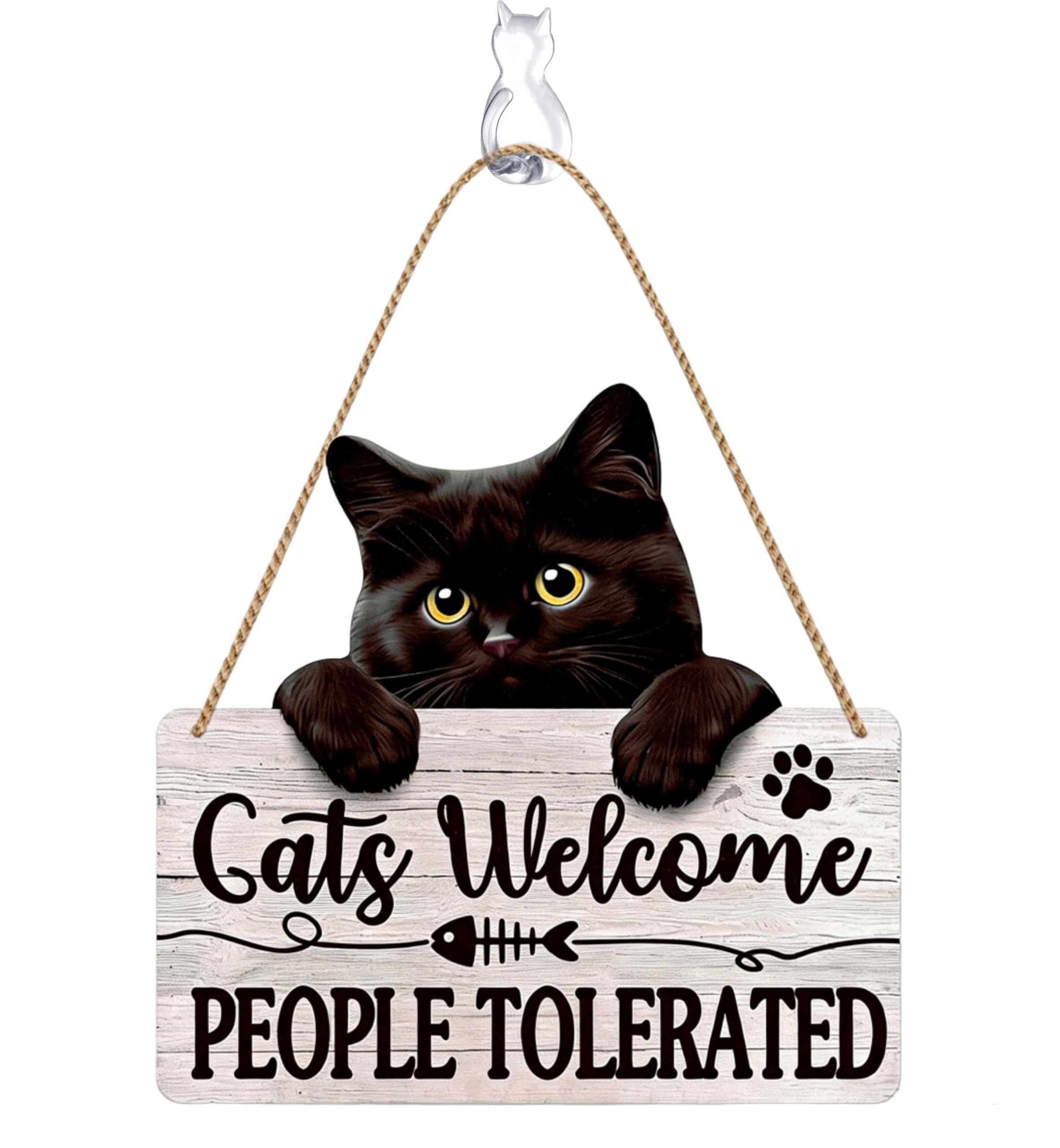 Minwegi Women's White Funny Cat Door Sign - Wooden Welcome Plaque For Cat Lovers, Purrfect Home Decor Gift For Black Humorous Hanging Sign With Suction Hook (32X28cm)