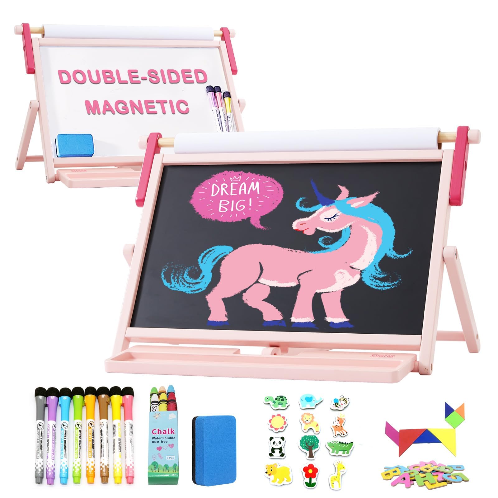 FUNLIO Wooden Table Top Easel for Kids Aged 3-5, 3 Angle Adjustable & Foldable Magnetic Kids EaselDouble Sided Tabletop Easel with Paper Roll Holder - Pink