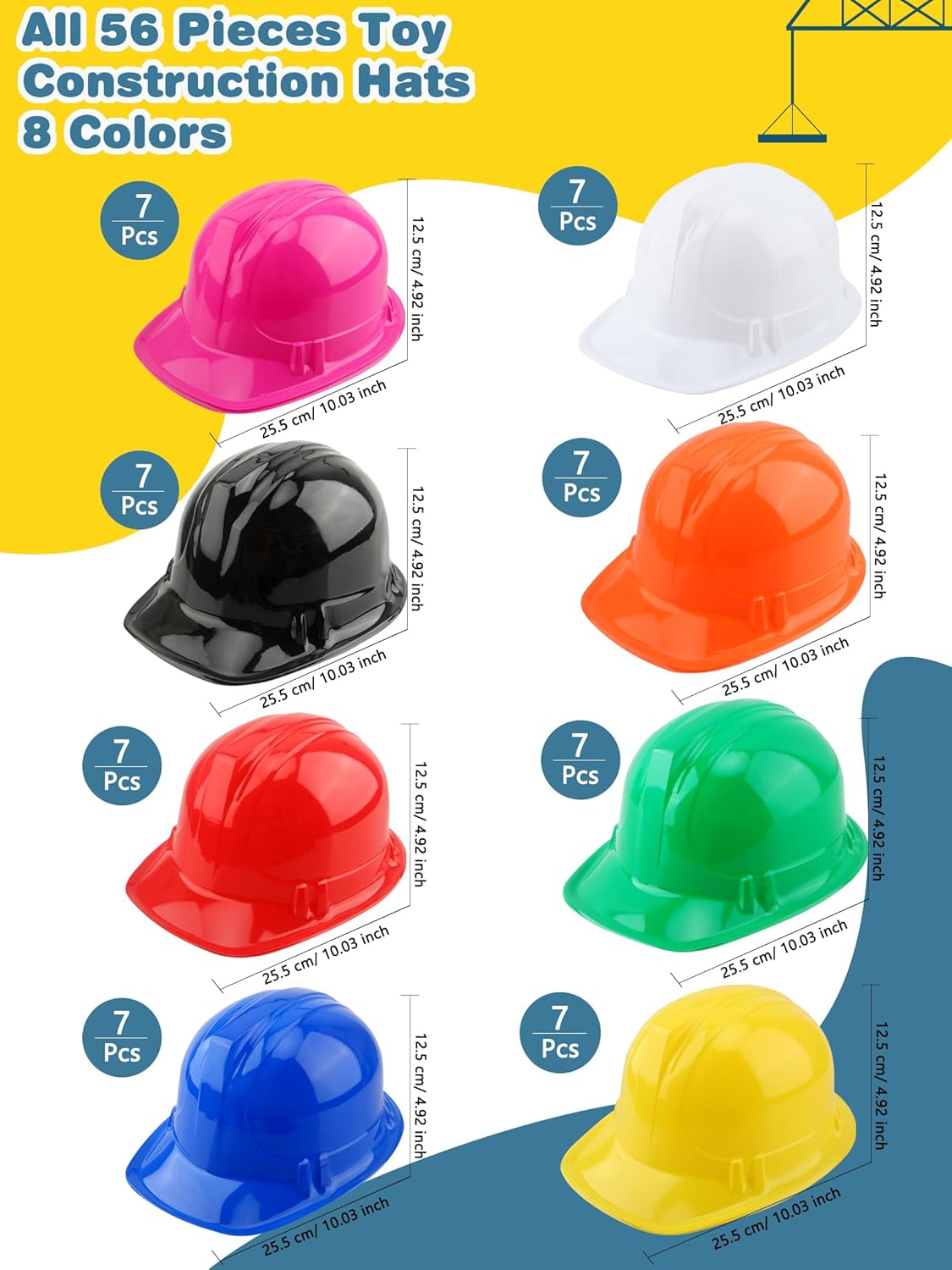 56 Pieces Kids Toy Construction Hats Bulk Plastic Construction Hats Worker Hard Hat for Boys Girls Party Supplies (Multicolor (8 Colors)) - Image 2