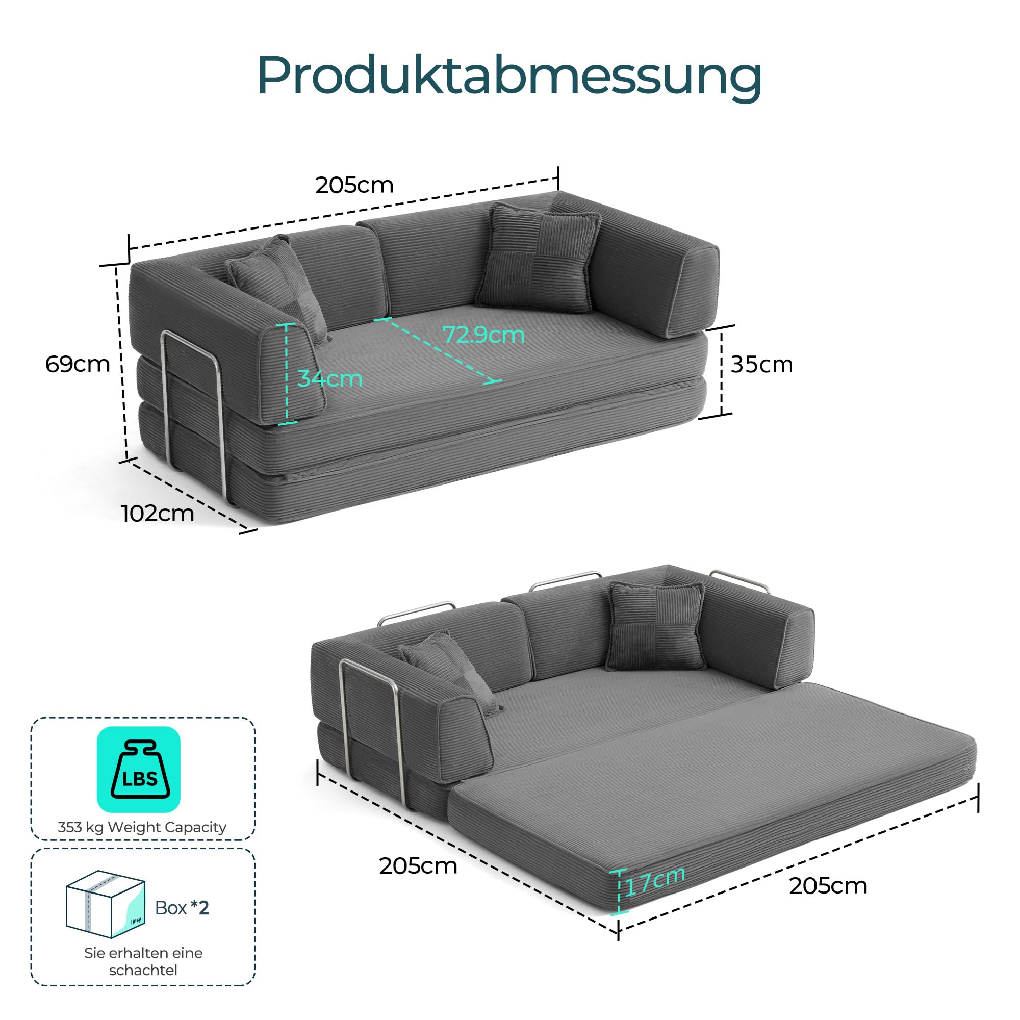 LINSY HOME Schlafsofa - Bodensofa Bed mit Pillow Back Support Armrest - Schlafsofa Klappbar 200 cm Breit- Compressed Sofa in Box - Cord Stoff für Wohnzimmer Schlafzimmer - Grau