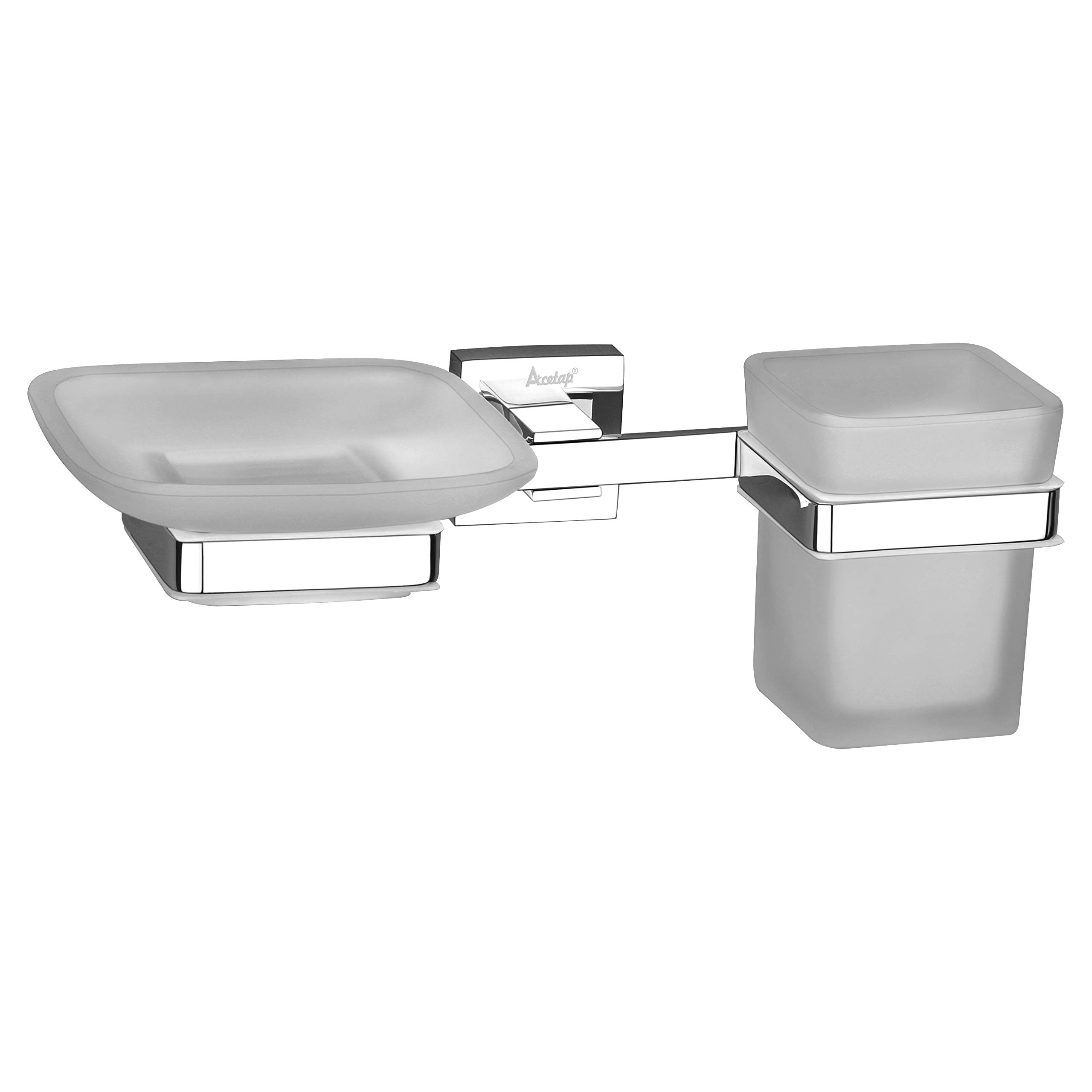 Acetap Square Brass and Glass Soap Dish with Tumbler Holder (Chrome Finish, Wall Mounted for Bathroom and Washbasin)
