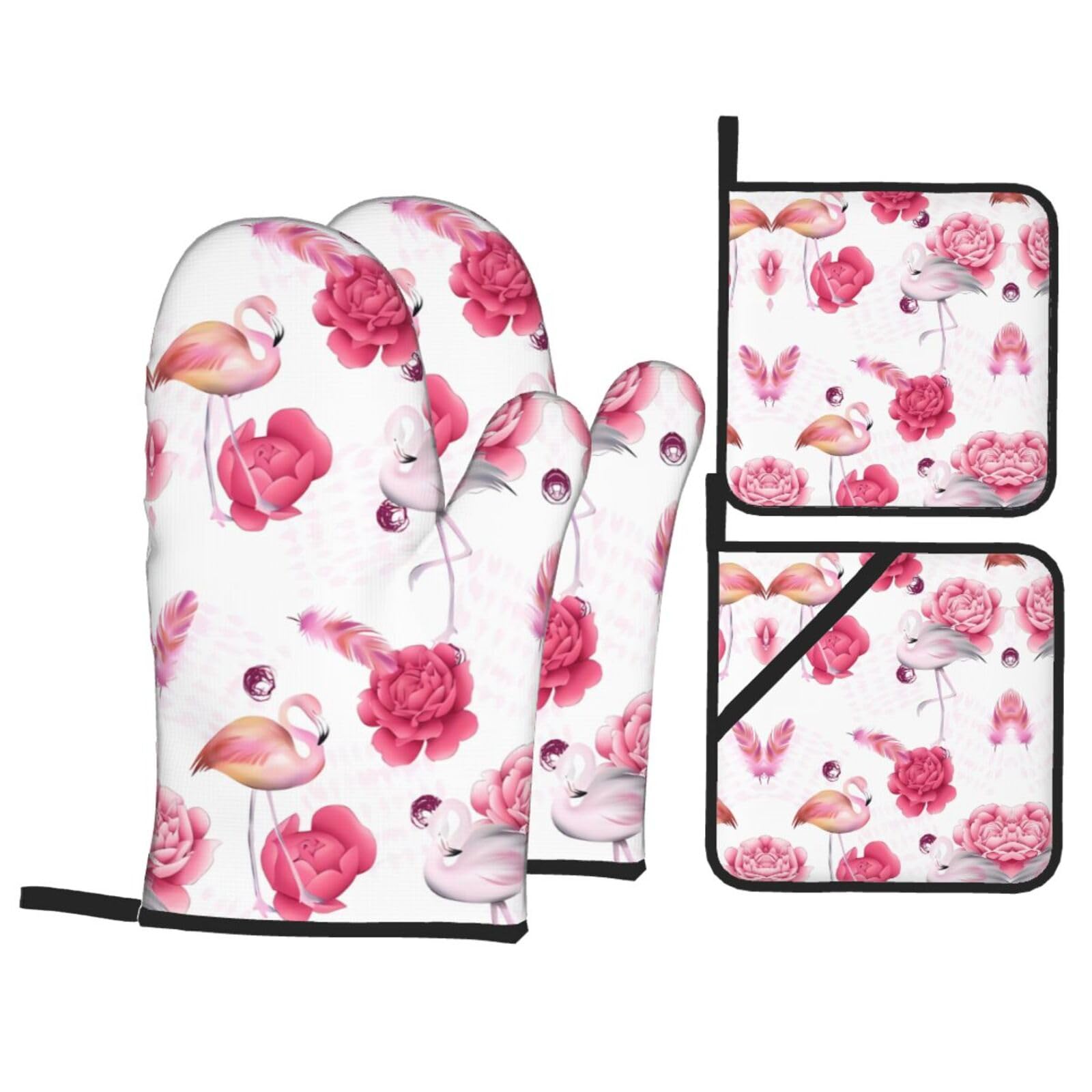 WHJSHOP Pink Flamingos Prints Oven Mitts & Pot Holders Set - Waterproof Kitchen Layers & Heat Resistant - Durable Covers for Safe Cooking & Easy Cleanup