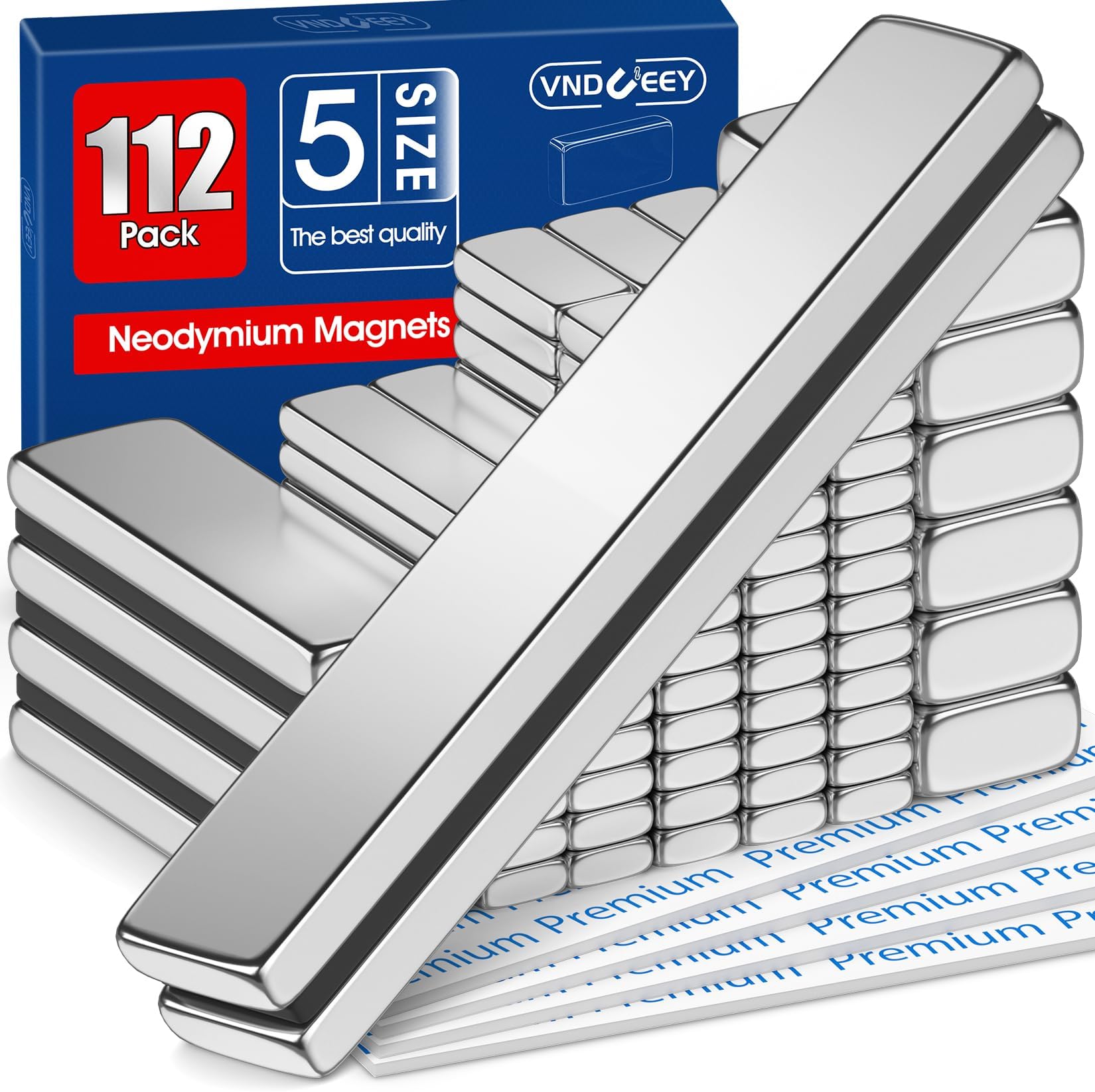 VNDUEEY 112 Pack 5 Mixed Size Double-Sided Bar Neodymium Magnets with Adhesive Backing, Industrial Heavy Duty Magnets for Fridge, Door, Nail, Cabinet