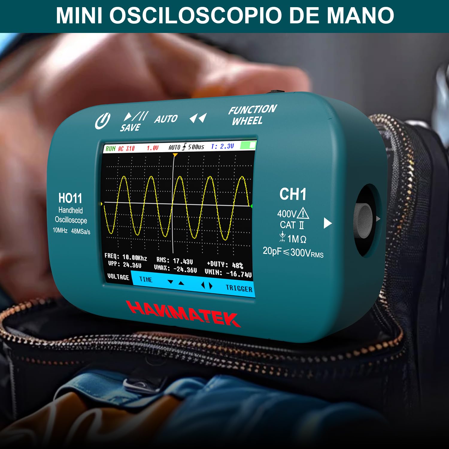 HANMATEK Osciloscopio Digital Portátil, Ancho de Banda de 10MHz, Muestreo de Alta Precisión de 48MSa/s, Pantalla TFT de 2,8", Recargable por USB, Sistema de Disparo Avanzado HO11