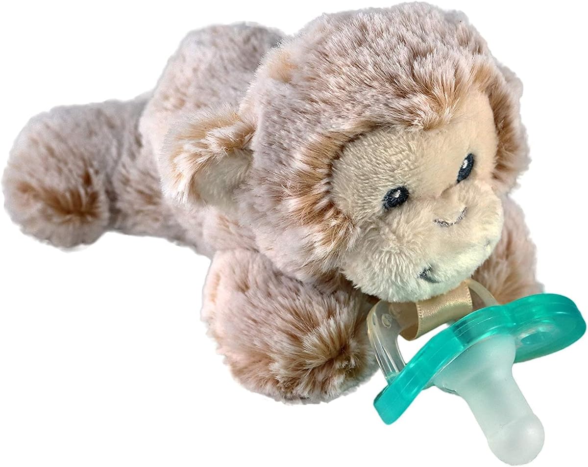 Chupete RaZbaby JollyPop, soporte con chupete de bebé desmontable, animal de peluche RaZbuddy, todas las edades 0M+, 100% silicona de grado médico hecha en EE. UU., lavable a máquina, texturizado y fácil de sostener - Mono