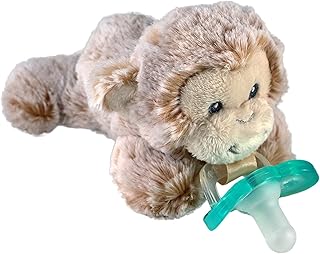 RaZbaby JollyPop Pacifier, Holder w/Detachable Baby Pacifier, Stuffed Animal RaZbuddy, All Ages 0M+, 100% Medical Grade USA Made Silicone, Machine Washable, Textured & Easy to Hold – Monkey