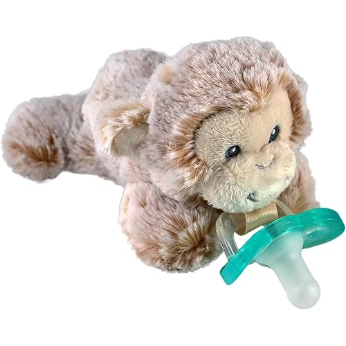 RaZbaby JollyPop Pacifier, Holder w/Detachable Baby Pacifier, Stuffed Animal RaZbuddy, All Ages 0M+, 100% Medical Grade USA Made Silicone, Machine Washable, Textured & Easy to Hold – Monkey