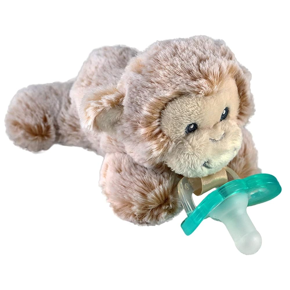 RaZbaby JollyPop Pacifier, Holder w/Detachable Baby Pacifier, Stuffed Animal RaZbuddy, All Ages 0M+, 100% Medical Grade USA Made Silicone, Machine Washable, Textured & Easy to Hold - Monkey