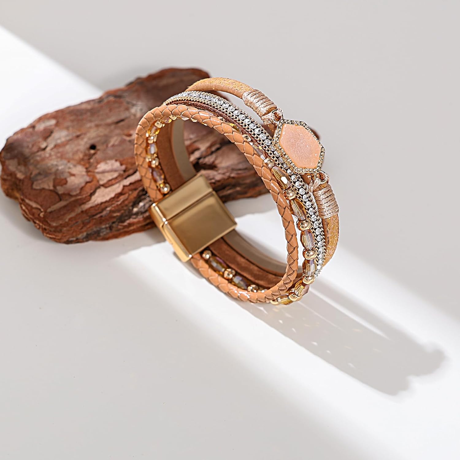 FANCY SHINY Crystal Beaded Leather Wrap Bracelet Stackable Boho Jewelry for Women Resin Stone Bangle Cuff with Magnetic Clasp - Image 5