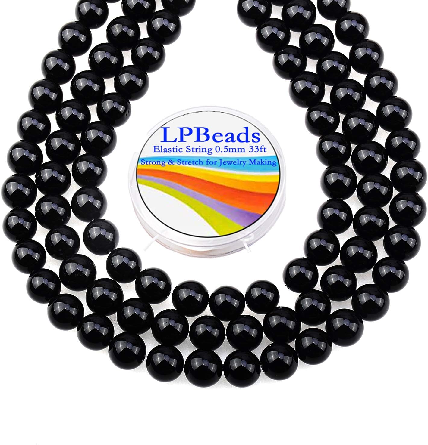 LPBeads 80Pcs Polished 10mm Round Natural Black Onxy Gemstone Loose Beads with Stretch Cord for Jewelry Making Bracelets Smooth Black Onxy 10mm