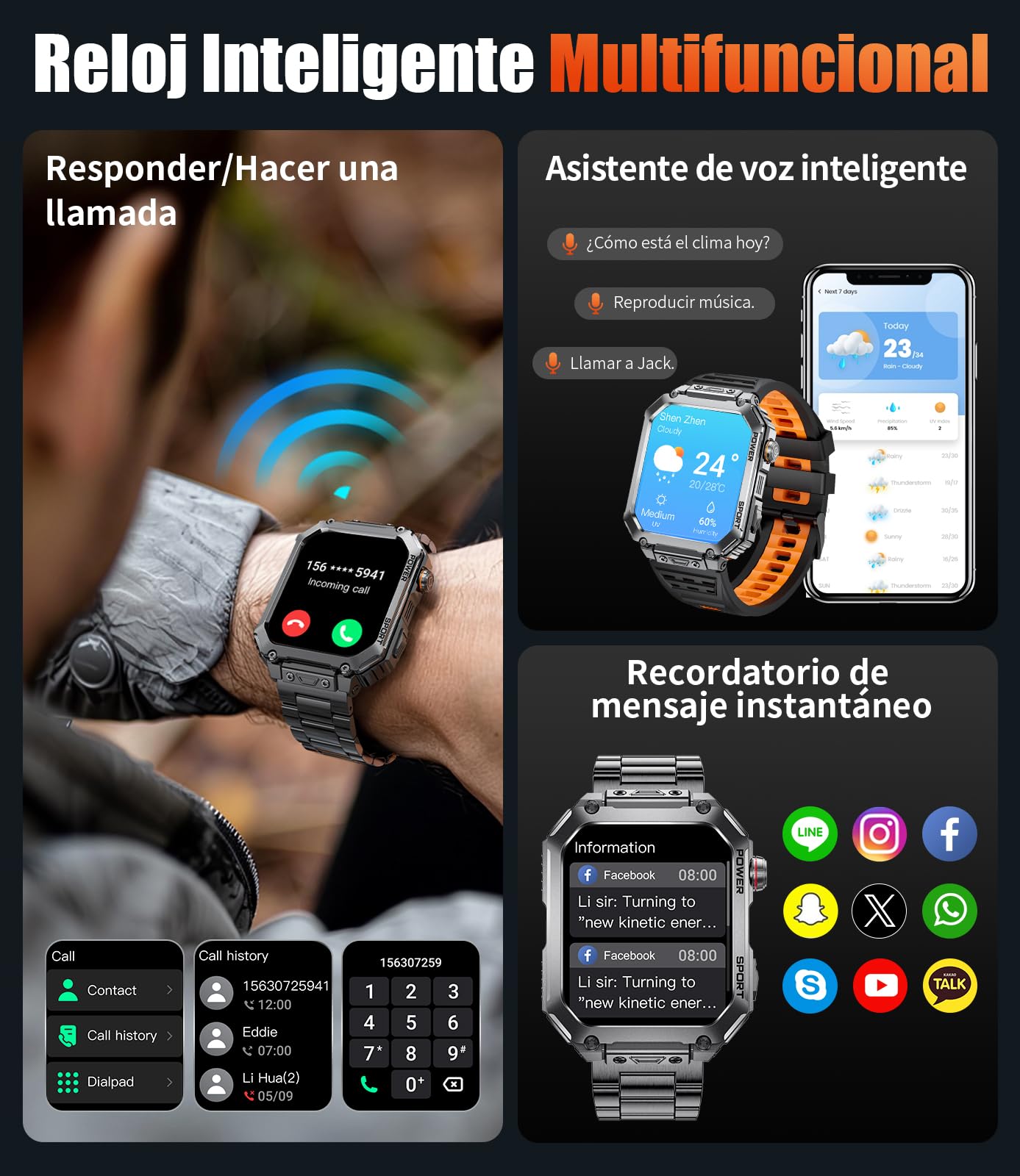 LIGE Reloj Inteligente Hombre con Gran Pantalla HD de 2,01" y 3 Correas, Llamadas Bluetooth, Frecuencia Cardíaca 24H, 120+ Modos Deportivos, IP68, Compatible con Android e iOS, EF2-L