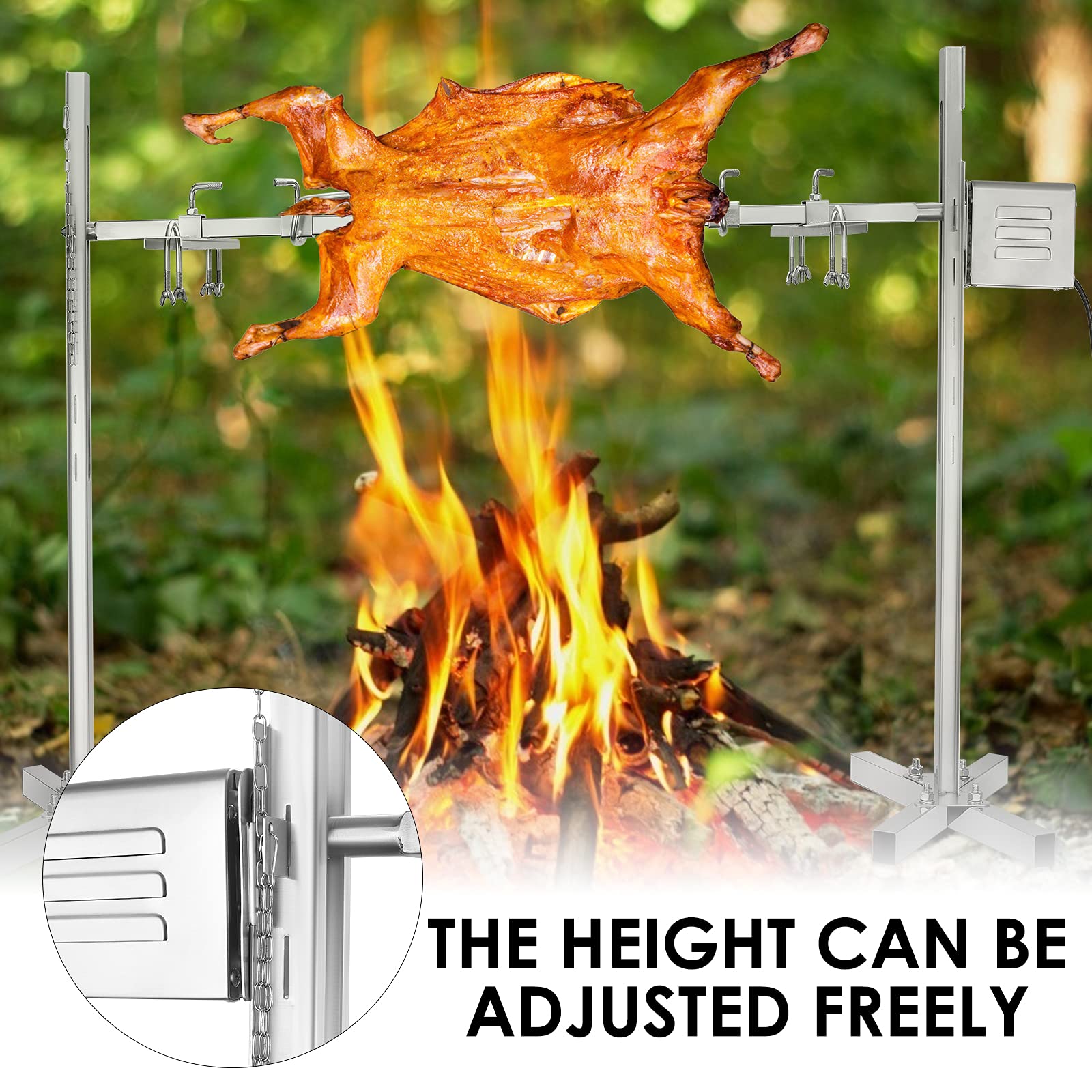 Elektrischer Drehspieß für Grill, 15W Motor mit 360° Rotation, höhenverstellbar 38-62 cm, Edelstahl-Bratrost für Spanferkel, Lamm & Truthahn, tragbar für Outdoor & Camping