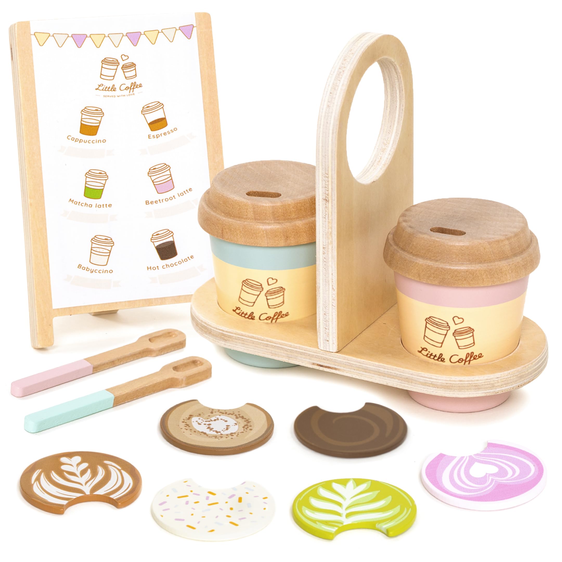 UMU® Kinder Coffee to Go Spielset aus Holz – Kinderküche Zubehör inkl. Verkaufstafel für den Kaufladen, Kaffeeservice für Rollenspiele, 15-teiliges Holzspielzeug für Kinder ab 3 4 5 6 Jahren