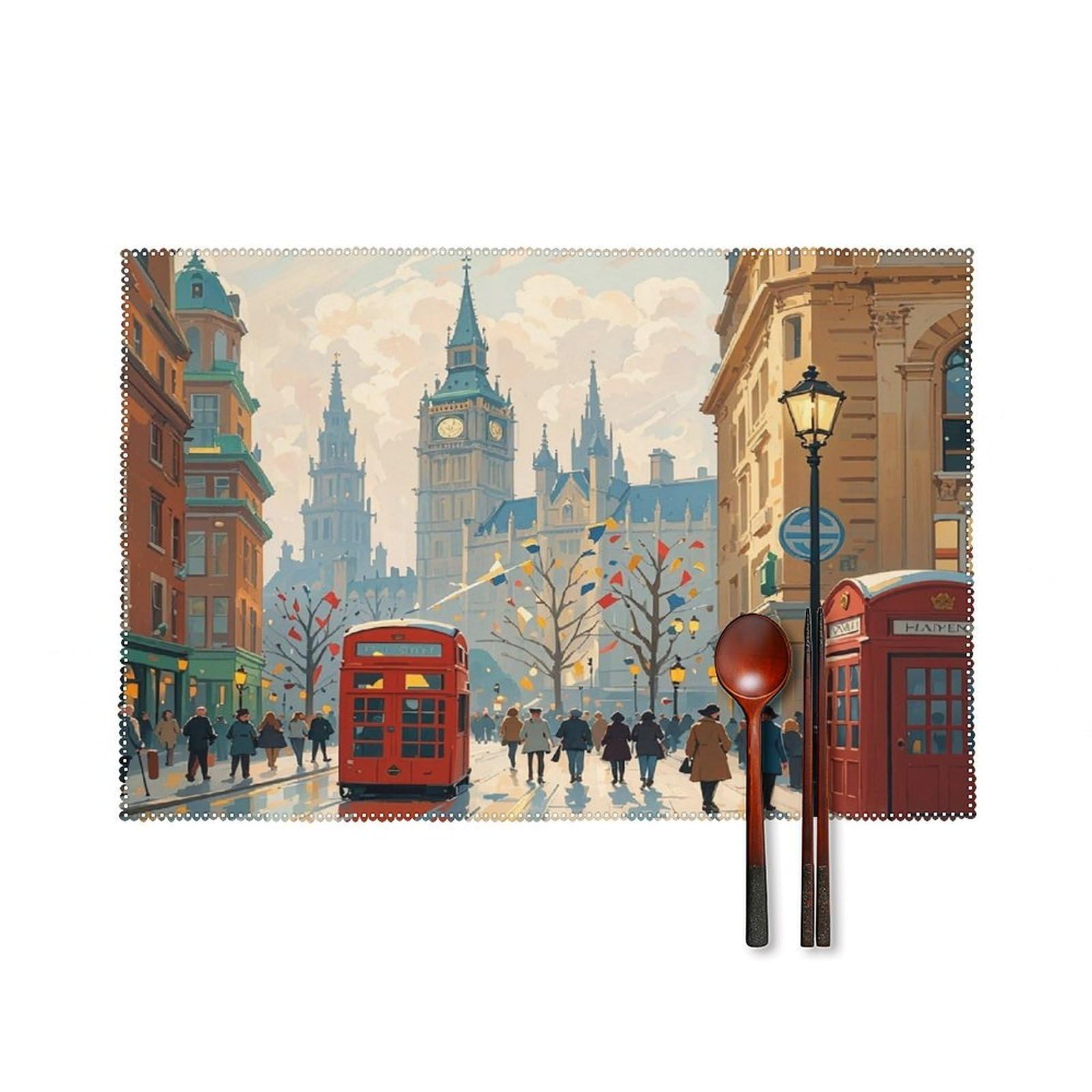 London Impression Placemats Set of 6 Washable Farmhouse Dining Table Mat Non Slip Heat Resistant Non-Slip Place Mats Easy Clean Table Protective Placemats for Indoors & Outdoors