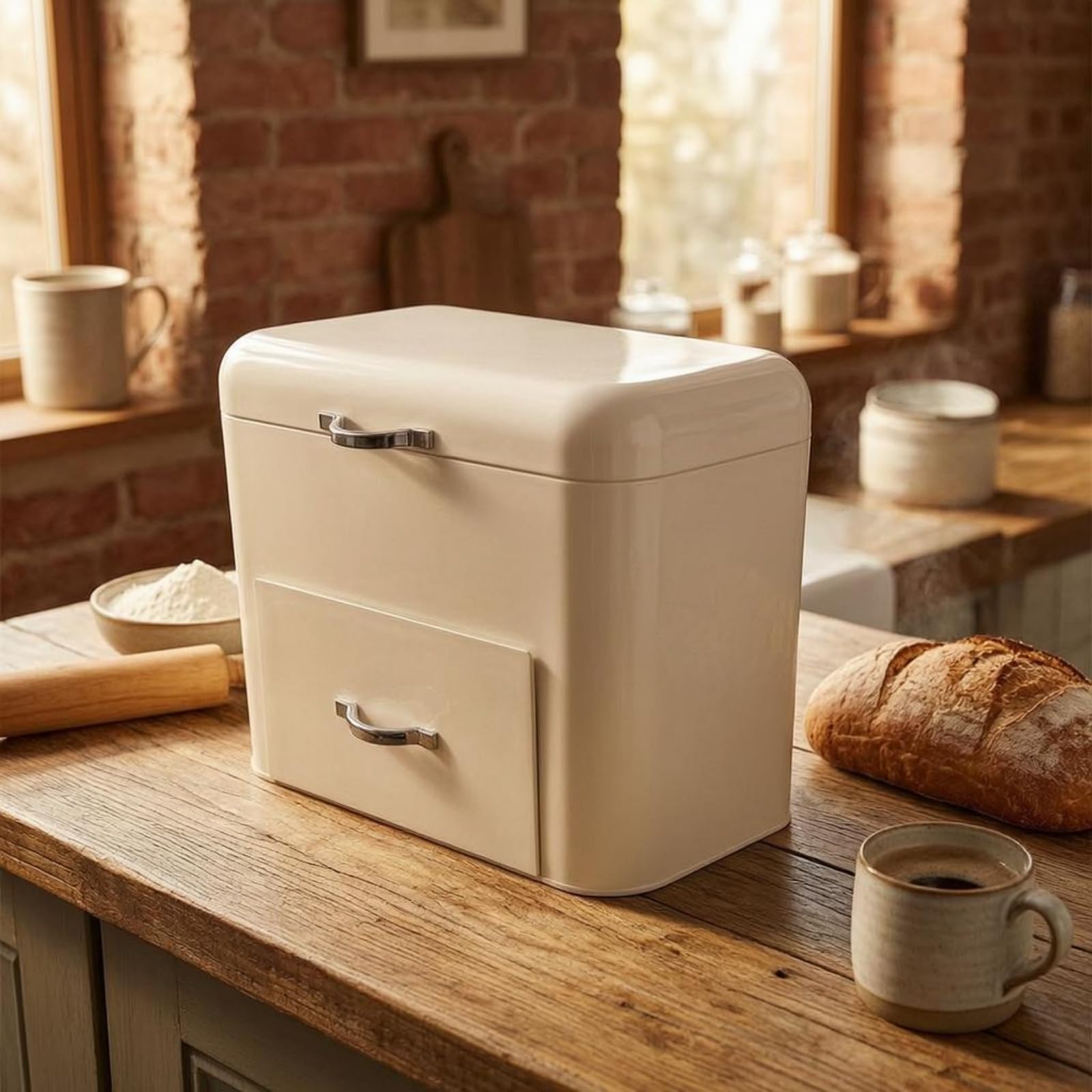 Contenedor de Almacenamiento de Cocina Bote Recipiente Organizador Metálico con Textura Lisa y Compartimento de Acceso Frontal Tapa de Doble Apertura, Negro