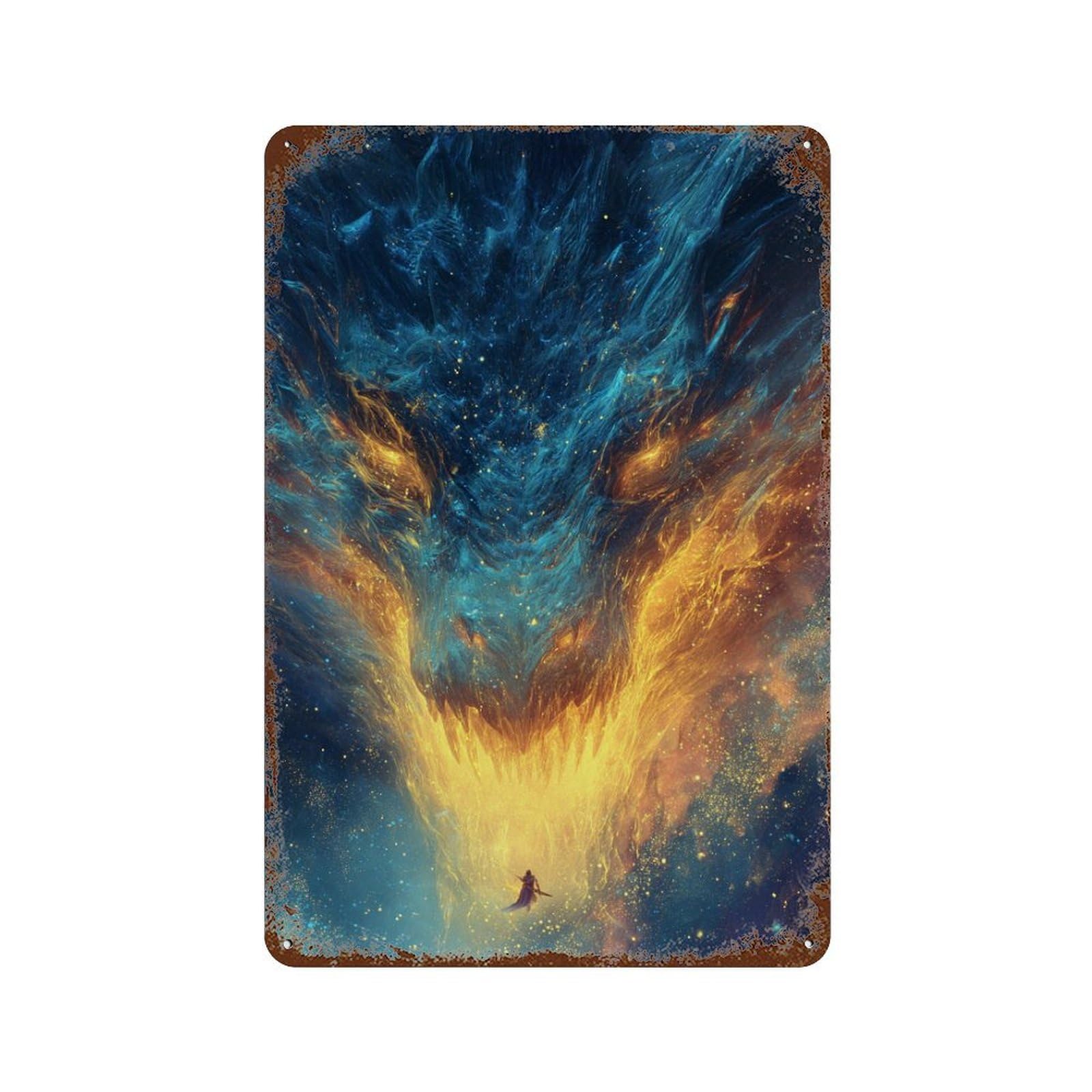 Rustic Tin Plaque with Space Dragon Encounter Design 11.8"x7.9", for Pub, Kitchen And Man Cave Decor, Old School Wall Decor
