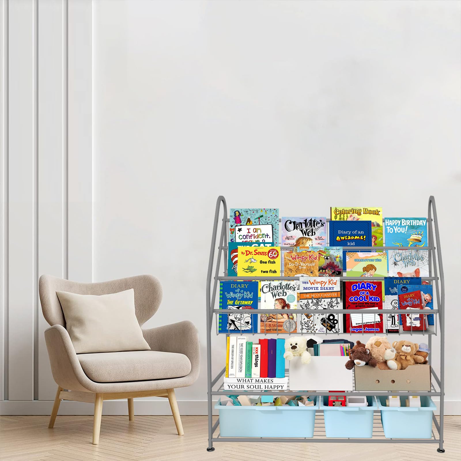 Aboxoo Metal Kids Bookshelf - 32 Inch Toy Organizer & Book Storage For Children's Room