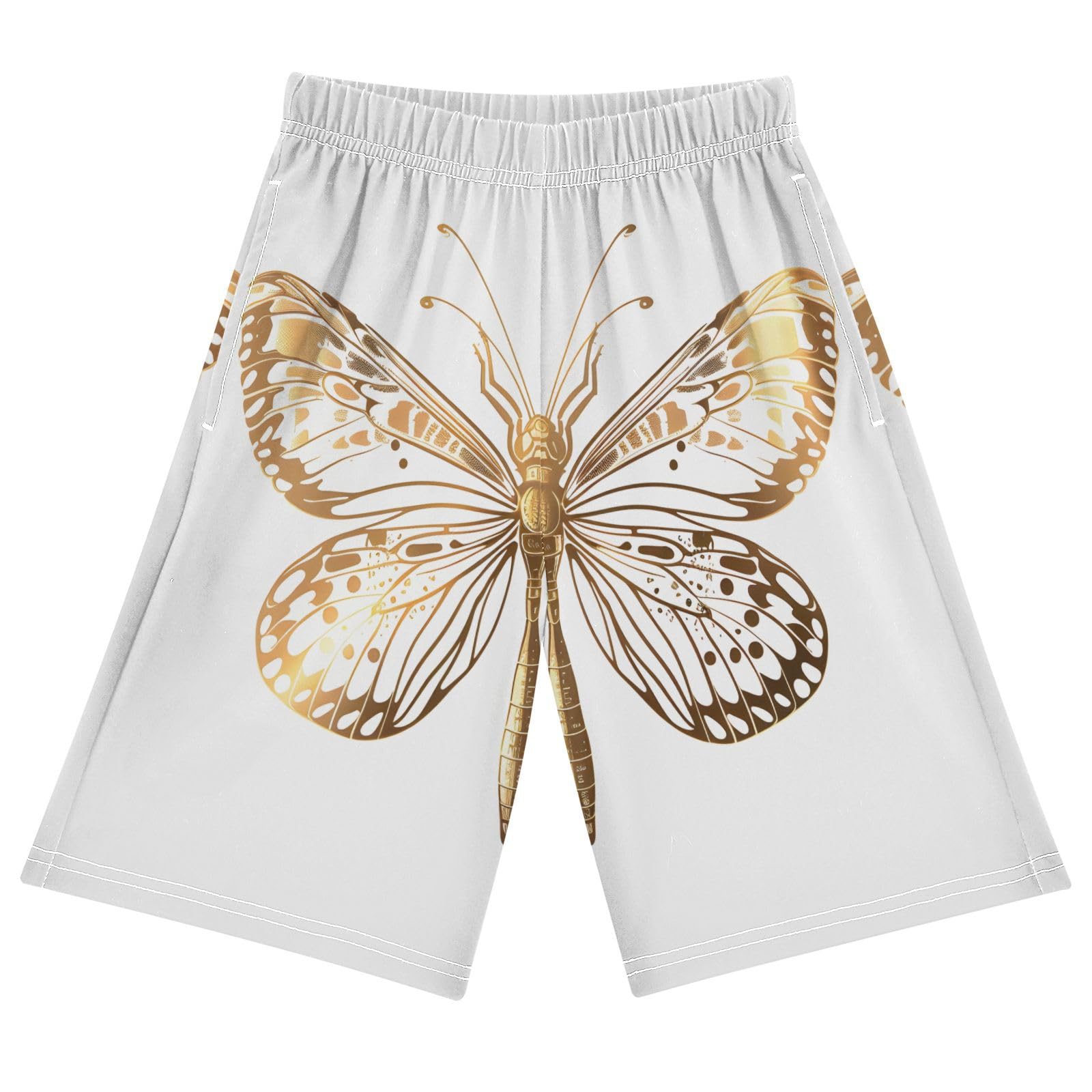 ALAZA Butterfly Dragonfly Golden Art Boys Athletic Shorts Kids with Pockets Shorts for boy Girl Size 6-8 Years