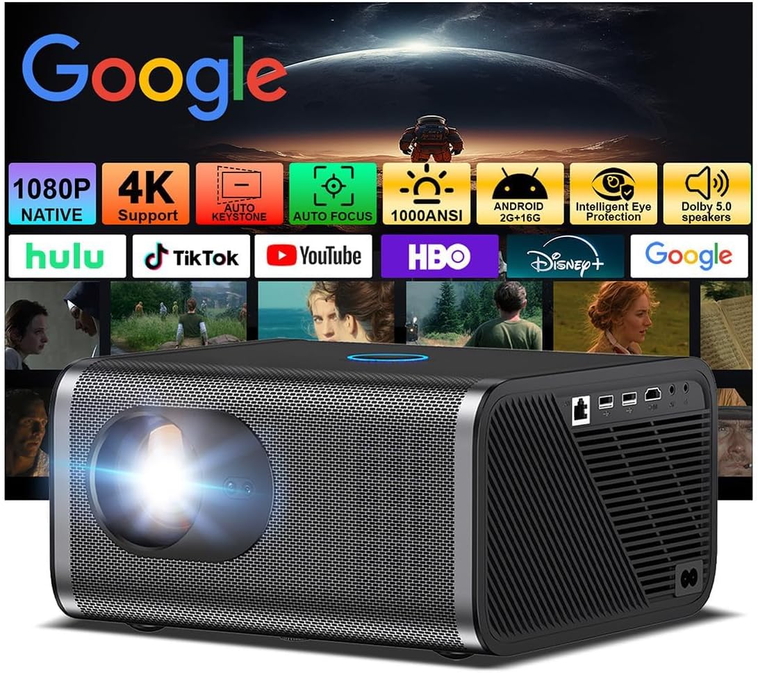 Native 1080P Projector with WiFi and Bluetooth, 4K Support Smart Movie Projector for Bedroom, Built-in Apps, Android 13.0,Auto Focus & Auto Keystone, Outdoor Projector for Phone/TV Stick/KTV