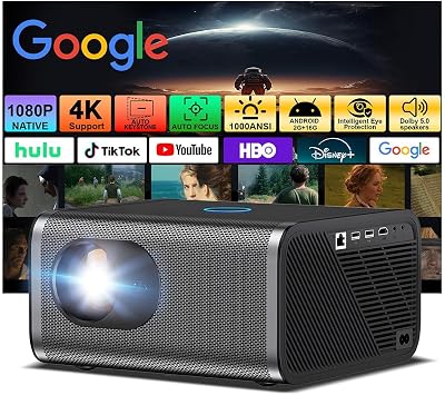 Native 1080P Projector with WiFi and Bluetooth, 4K Support Smart Movie Projector for Bedroom, Built-in Apps, Android 13.0,Auto Focus & Auto Keystone, Outdoor Projector for Phone/TV Stick/KTV