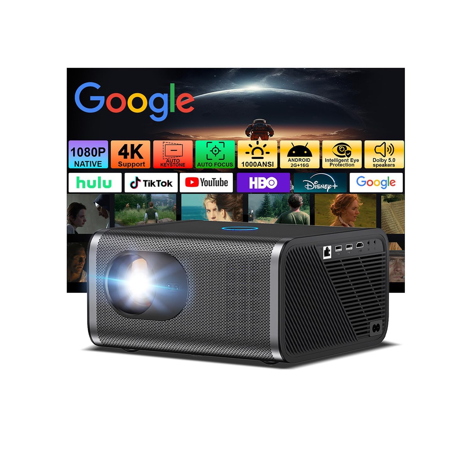 Photo 1 of Native 1080P Projector with WiFi and Bluetooth, 4K Support Smart Movie Projector for Bedroom, Built-in Apps, Android 13.0,Auto Focus & Auto Keystone, Outdoor Projector for Phone/TV Stick/KTV