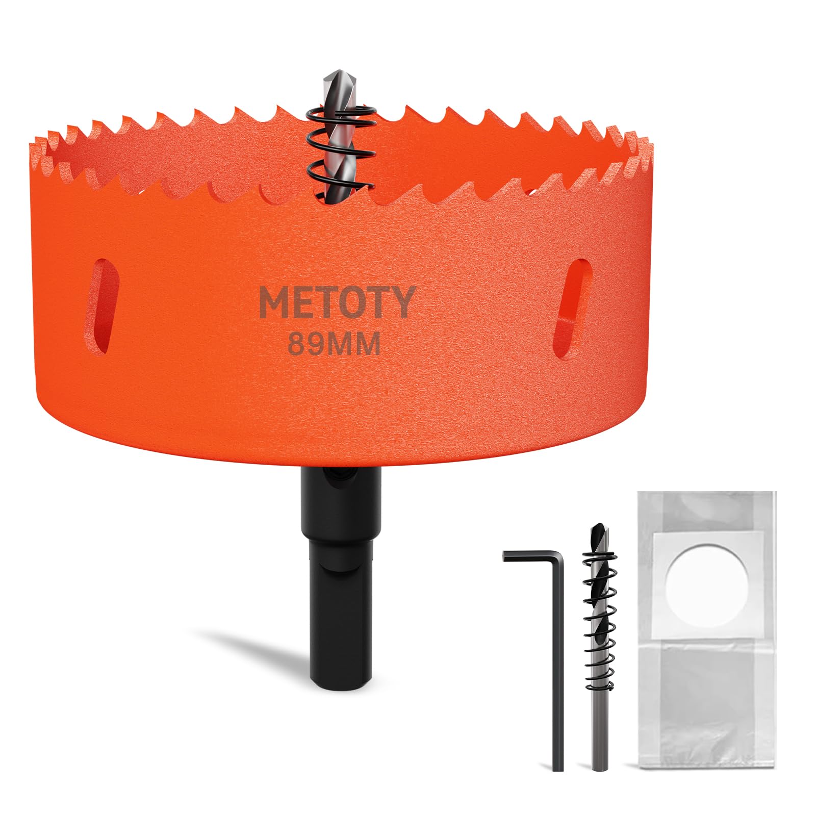 METOTY 89mm Bi-Metal Hole Saw,Universal HSS M42 Hole Saws,with Triangular Shaft Adapter and Centring Drill, One Free Dust Bag for Aluminum, Metals, Plastics, Acrylic Glass, Wood, Gypsum board