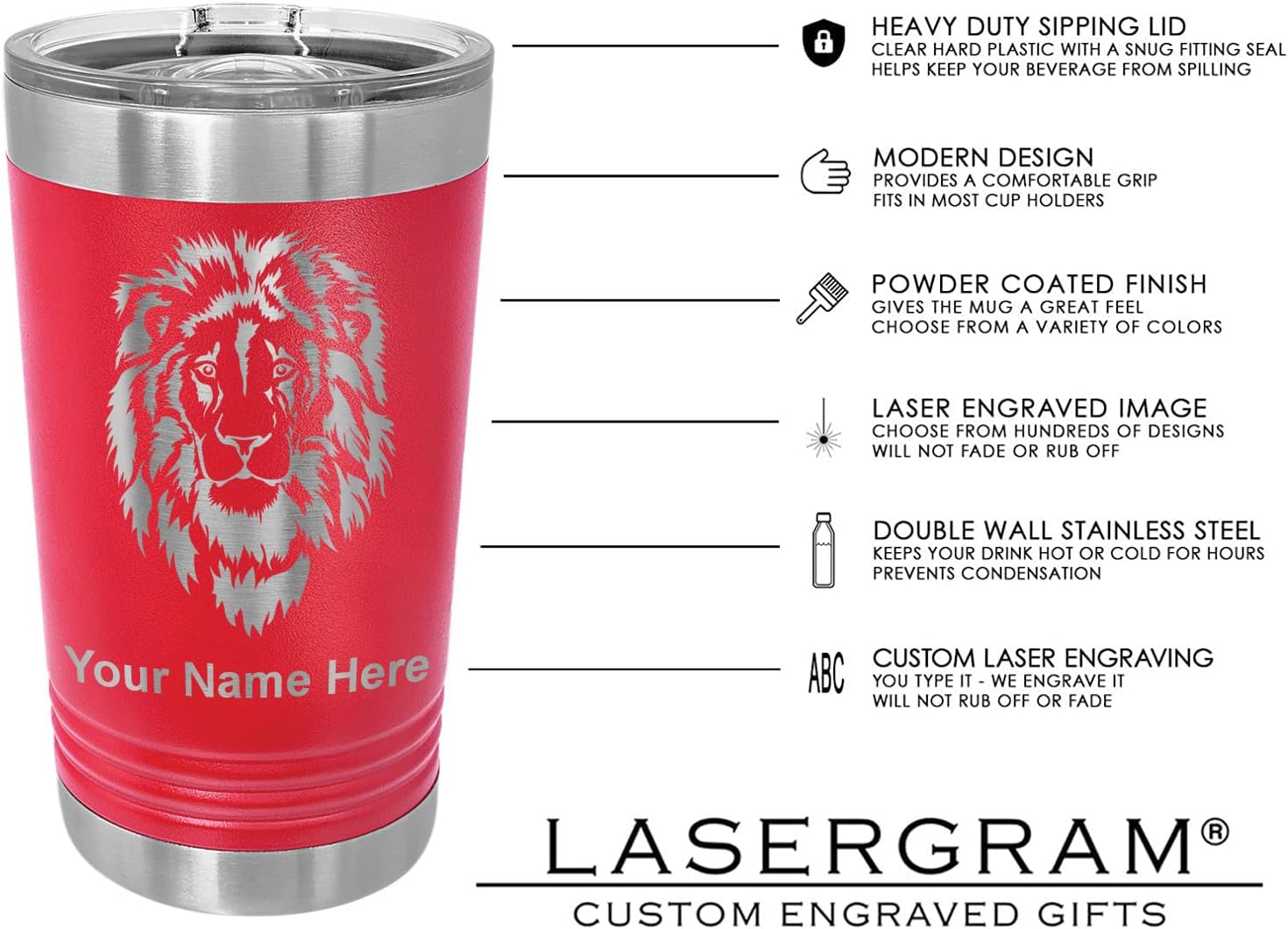 LaserGram 16oz Vacuum Insulated Pint Tumbler, Flute, Personalized Engraving Included (Red)