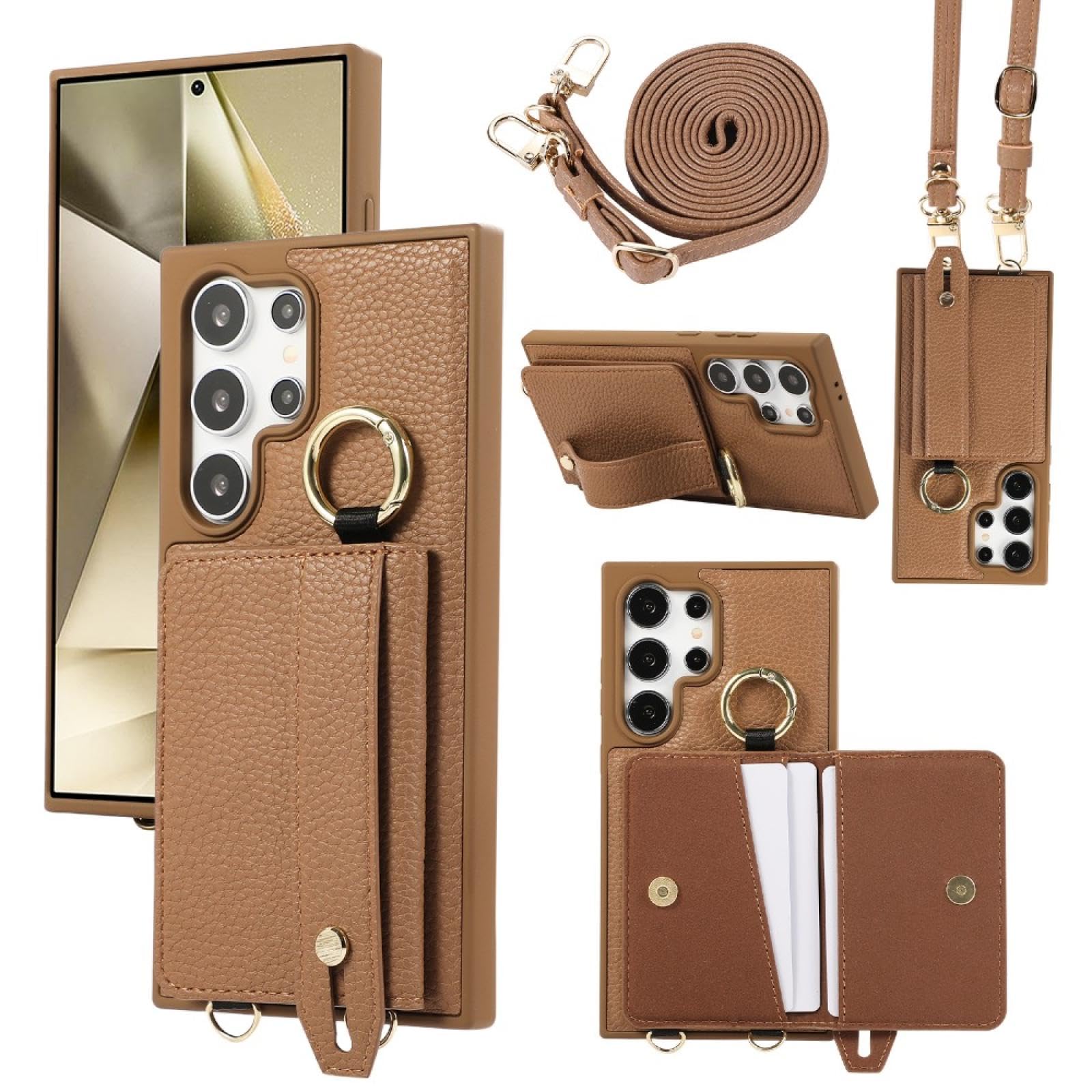 Do Galaxy S25 Plus Portfel Crossbody z Kieszonką na Karty Etui na Telefon Smycz Pasek Na Nadgarstek Skórzane Etui (Do Galaxy S25 Plus/Brązowy)