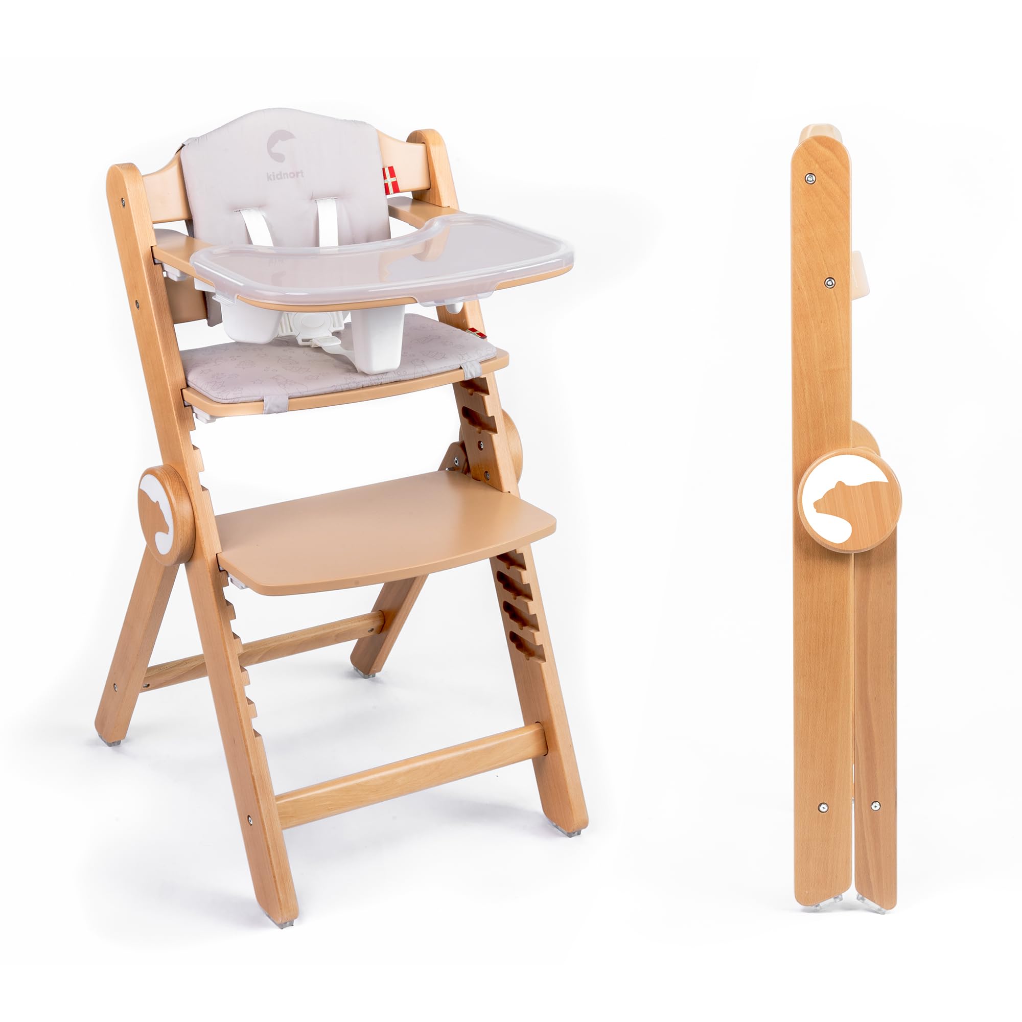 Holzhochstuhl Drömmer Unique bis 75kg Mitwachsender Faltbarer Hochstuhl aus Buche für Kinder mit Sitzkissen 5 Punkt Gurt zusätzliche Ablage Schrittgurt 9 Höhenverstellungen Schutzbügel Natural