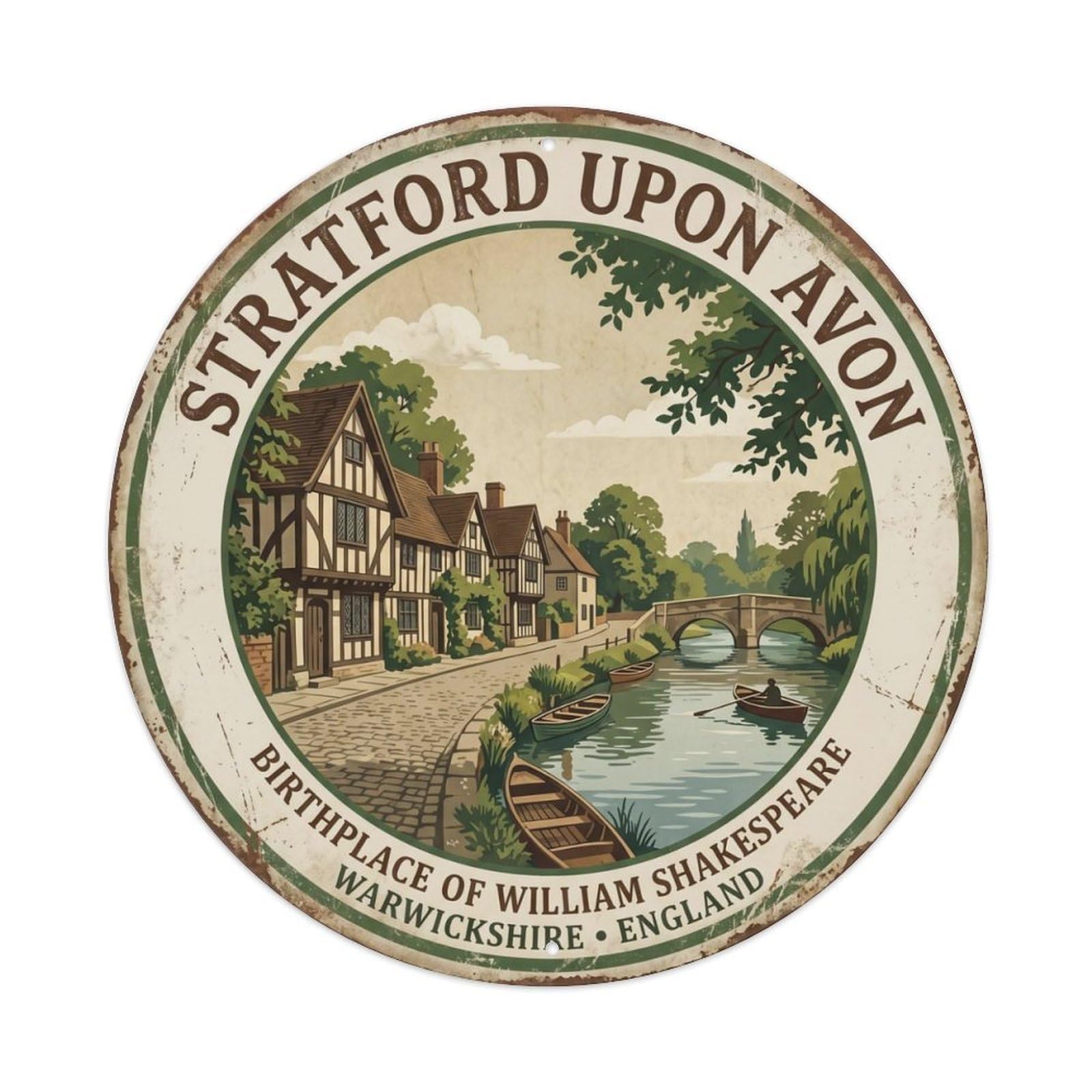 Fqcyn Style Vintage Travel Stratford Town England Metal Tin Sign Plaque Wall Decor For Cafe, Club Bar, Office, Home Garden Round Metal Poster 8X8inch