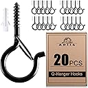 ADIIL 20 PCS Q Hanger Hooks with Safety Buckle, Windproof Screw Hooks for Hanging Outdoor String Lights, Plants, Christmas Patio Lights, 2.2 Inches, Black