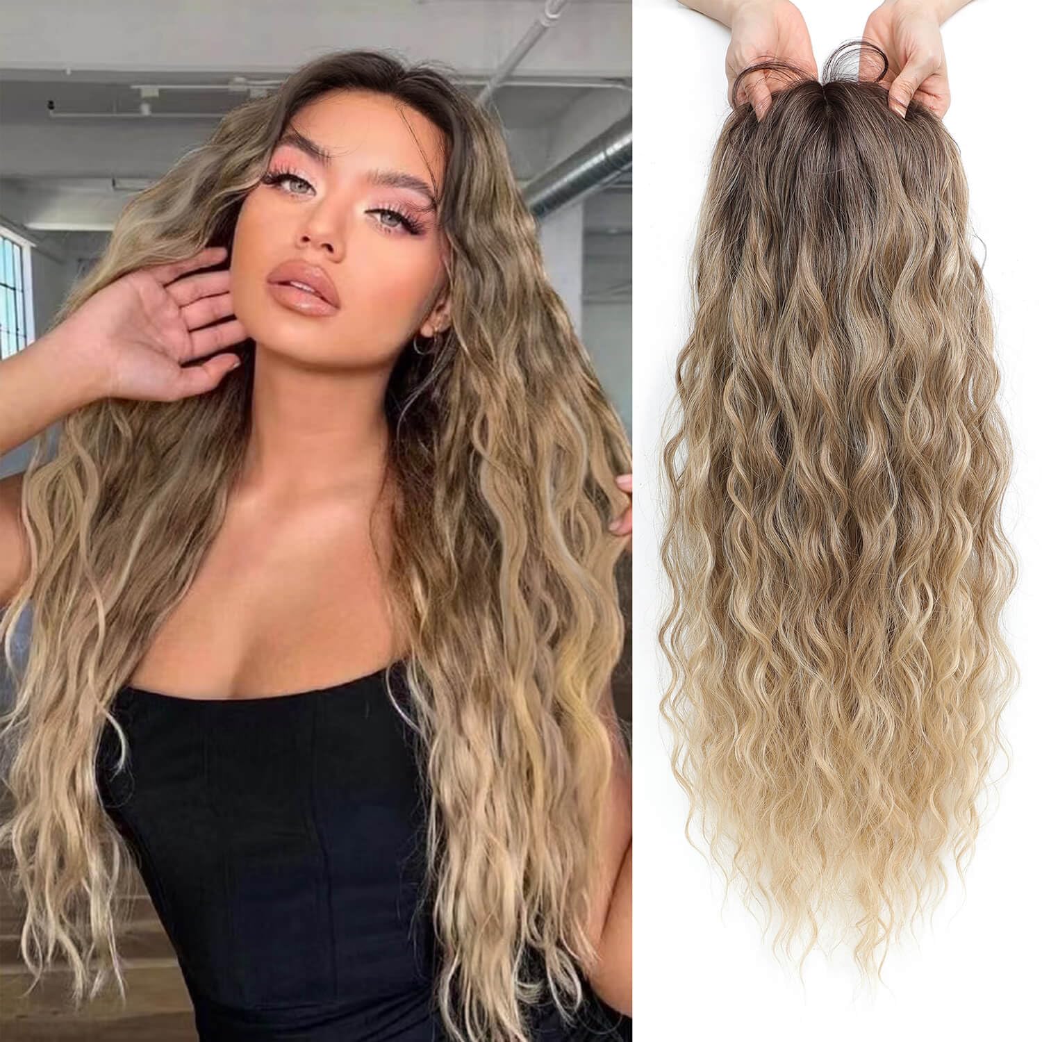 Molefi Hair Topper 26inch Curly Hair Topper with Bangs Synthetic Wiglets Hairpieces for Thinning Hair Ombre Light Brown to Blonde 26 Inch Ombre Light Brown to Blonde