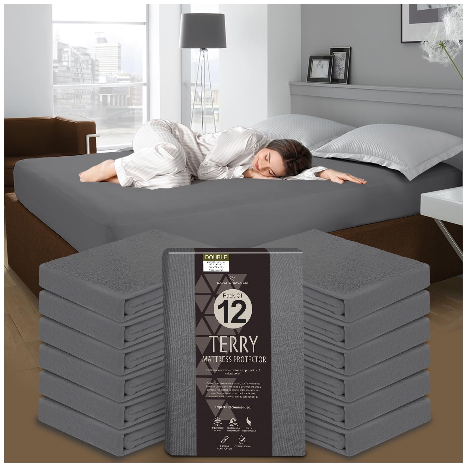 GC GAVENO CAVAILIA 30cm Deep Mattress Protector - Pack of 12 Terry Towelling Double Mattress Cover - Polycotton & Breathable Waterproof Mattress Protectors Fitted Sheet (190 x 137cm) - Charcoal