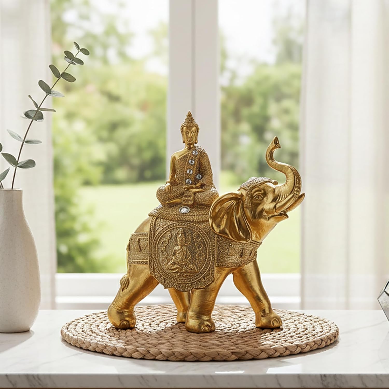 Gold Buddha on Elephant Statue, Decorative Figurine with Silver Glitter Accents, 7.48 x 7.09 x 3.15 Inches