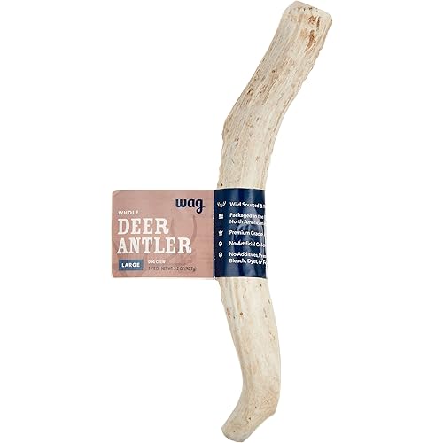 Amazon Brand - Wag Dog Deer Antler Chew, Naturally Shed, Whole, Large 8-9.5 inches, Long Lasting for Aggressive Chewers, Best for Dogs 30-45 lbs, 3.20 Ounce (Pack of 1)