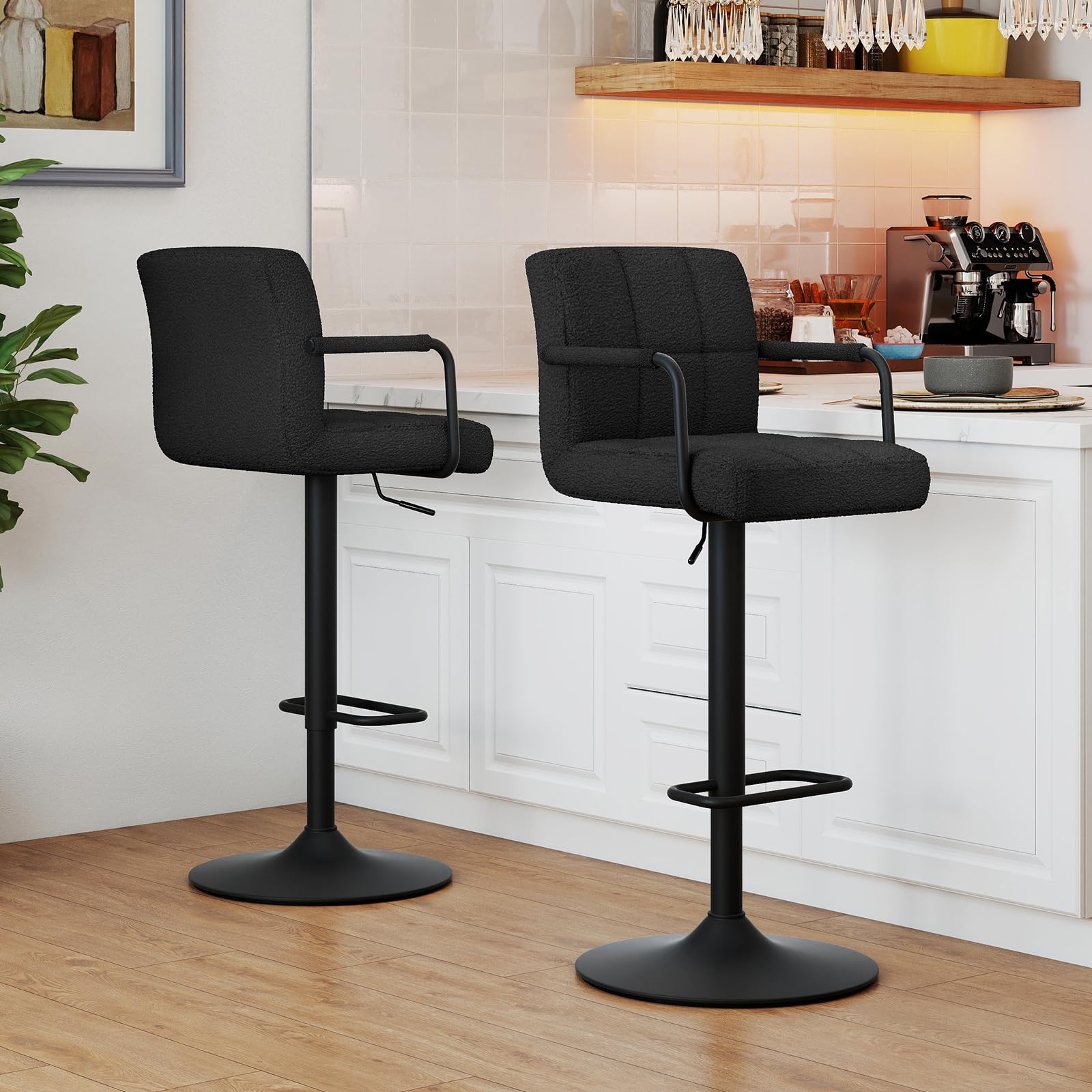 Barhocker 2er-Set, Höhenverstellbarer Barstuhl 360° Drehstuhl Küchenstuhl, Barhocker mit Lehne und Armlehne, Verstellbarer Hydraulische Hocker für Küche und Esszimmer, Kunstfell Schwarz