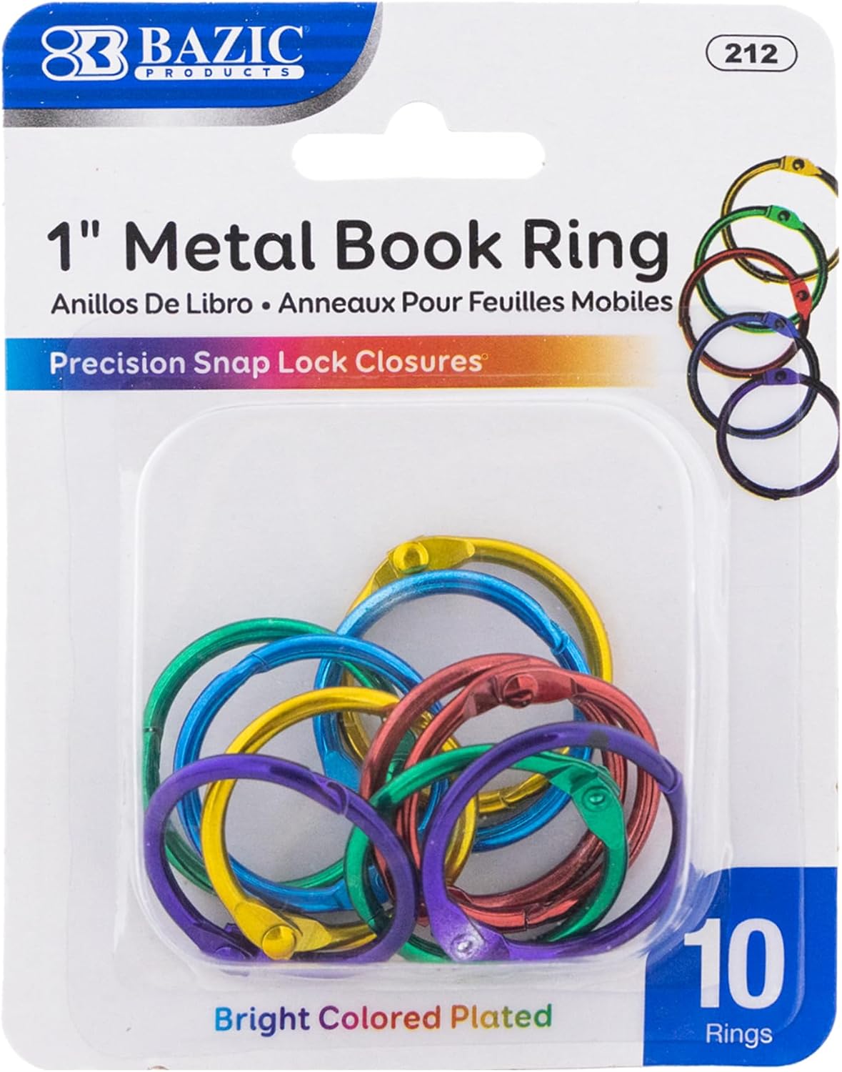 BAZIC Products Loose Leaf Binder Ring 1", Assorted Color Steel Metal Rings for Flash Cards, Index Cards, Study Notes & Craft Organization, Binder Rings, Snap Rings Closure, 10/Pack, 24-Packs