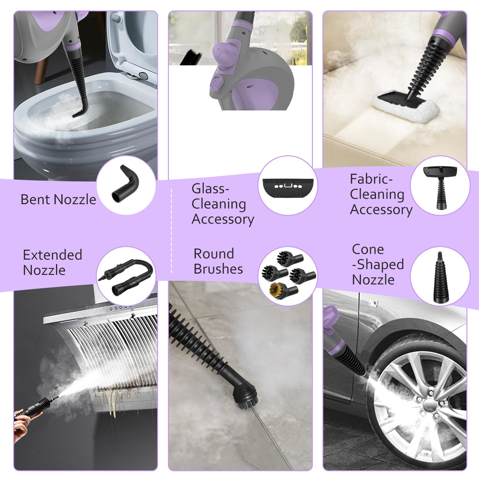 Pressurized Handheld Multi-Surface Natural Steam Cleaner with 12 pcs Accessories, Multi-Purpose Steamer for Home Use, Steamer for Cleaning Floor, Upholstery, Grout and Car () (Grey): Purple