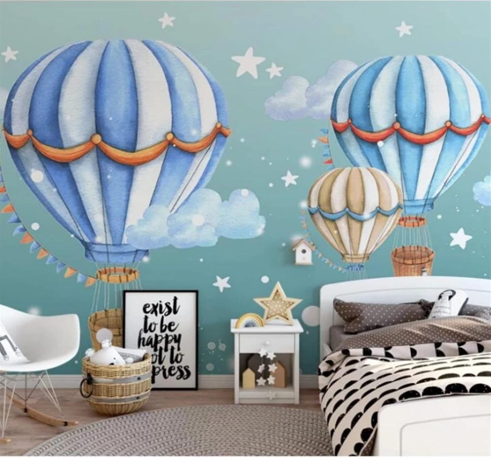 XLMING Hand Drawn Cartoon Blue Starry Sky Hot Air Balloon 3D Wallpaper Luxury Home Dining Decor Paste Sofa Living Room The Wall for Bedroom Mural-350cm×256cm