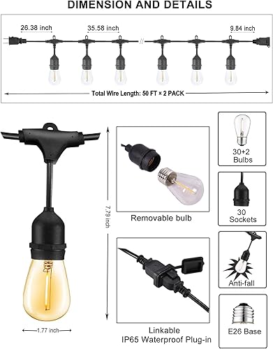 Miniatura 7 de Tira de luces LED para exteriores de 100 pies para patio con 32 bombillas Edison vintage de plástico inastillables S14 regulables y cadena de luces