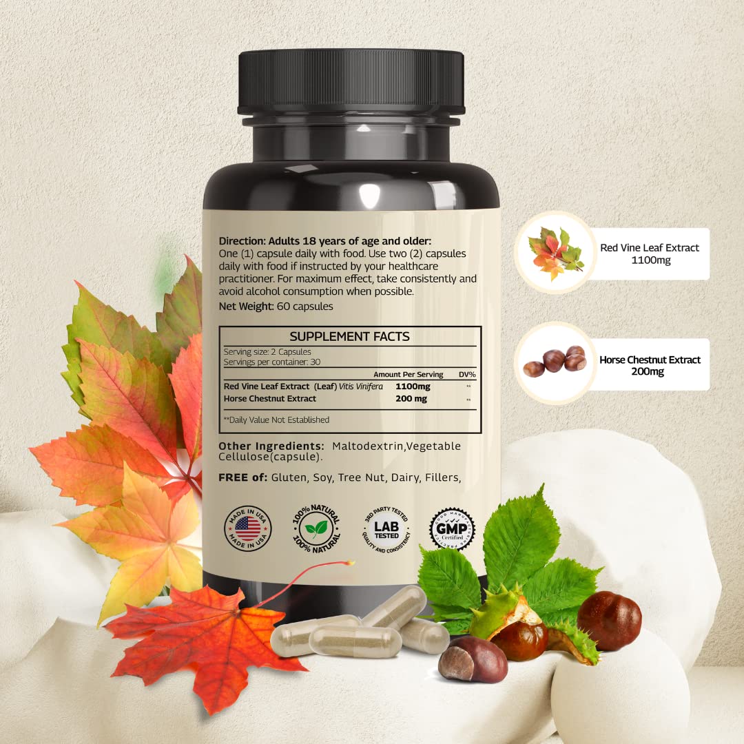 VINATURA Red Vine Leaf Extract Horse Chestnut, 1300mg/serving USA Made And