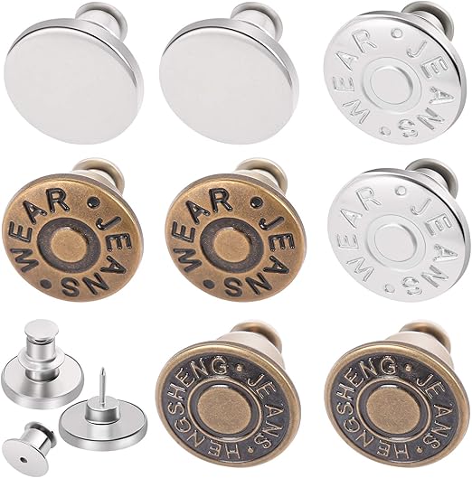Ceryvop 8 Sets Jean Button Pins for Loose Jeans, No Sew Instant Replacement Snap Tack Pant Button, Reusable and Adjustable Metal Pants Tightener