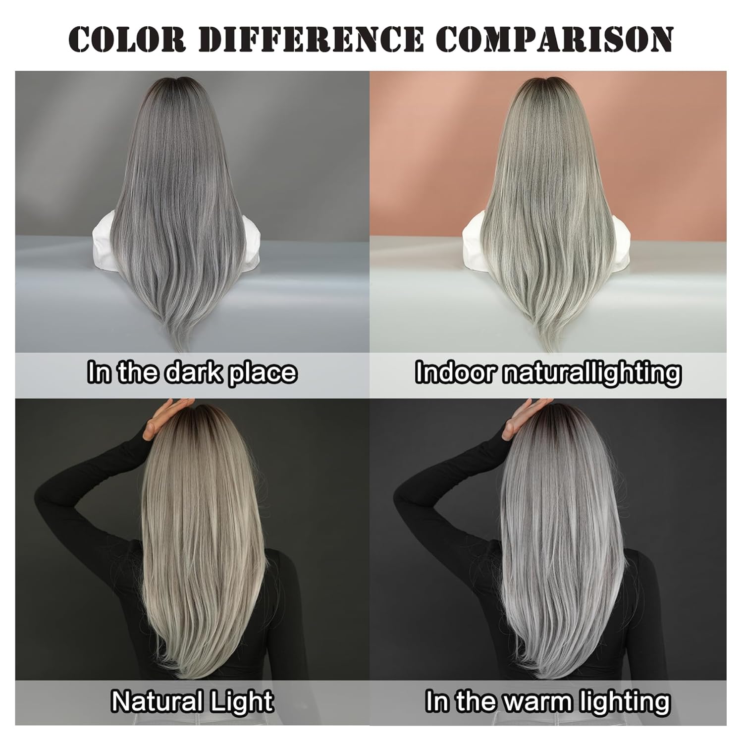 7JHH WIGS Grey Ombre Layered Wig with Curtain Bangs Long Straight Pixie Cut Natural Looking Heat Resistant Synthetic Hair Fiber Wigs for Women Daily Used - Image 5
