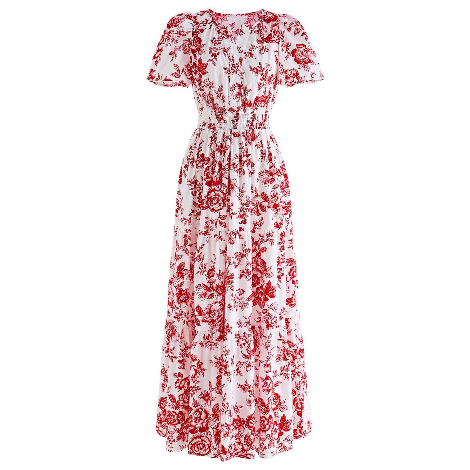CHICWISH Maxi abito lungo da donna in cotone con maniche a bolla con stampa floreale scollo a V elastico in vita casual rosso abiti estivi lunghi