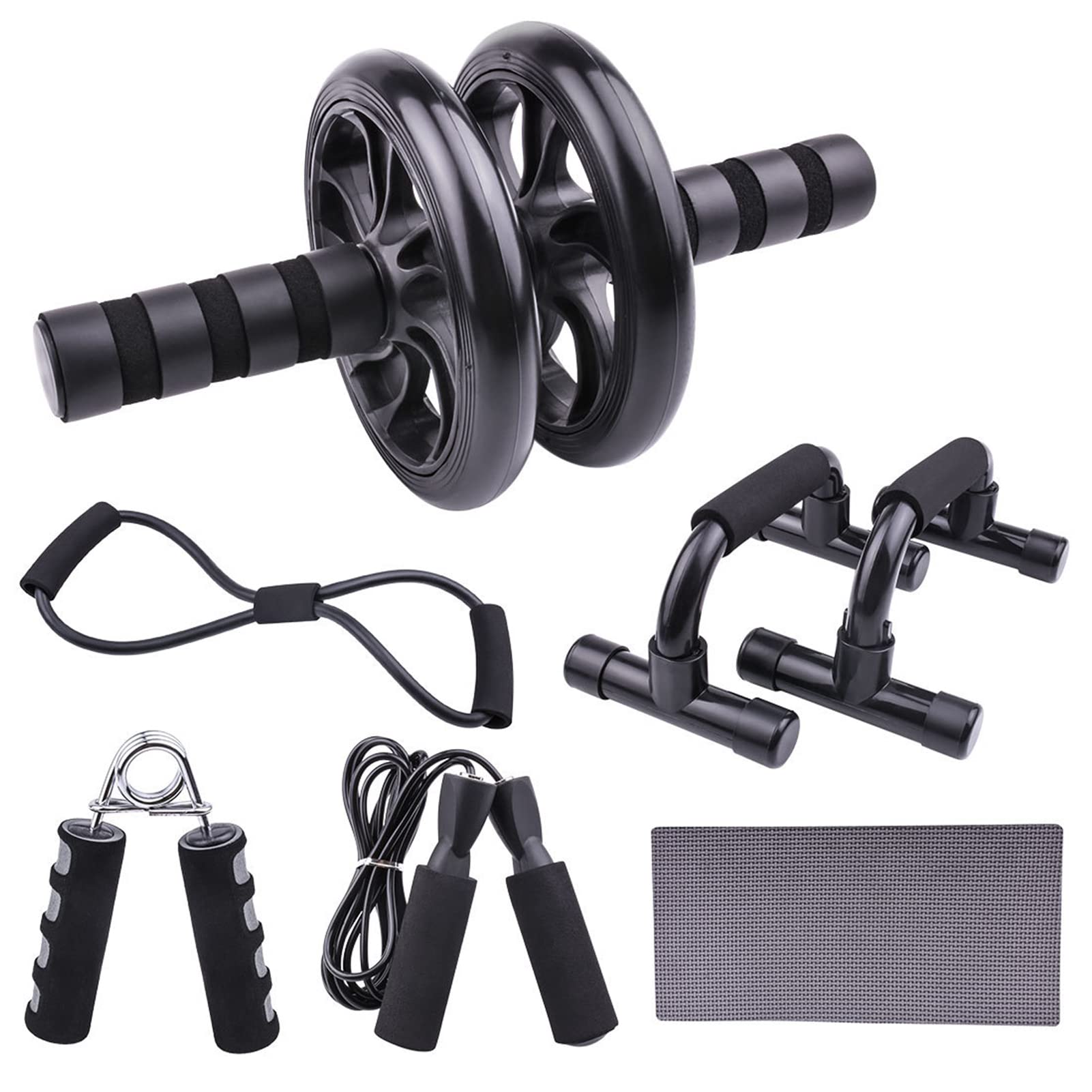 6 in 1 Bauchmuskelrad, Bauchmuskeln, Fitnessgeräte, Set mit verstellbarem Springseil, Klemme, Schiebestange, AB-Rolle, Kniebandage und Spanner (schwarz)