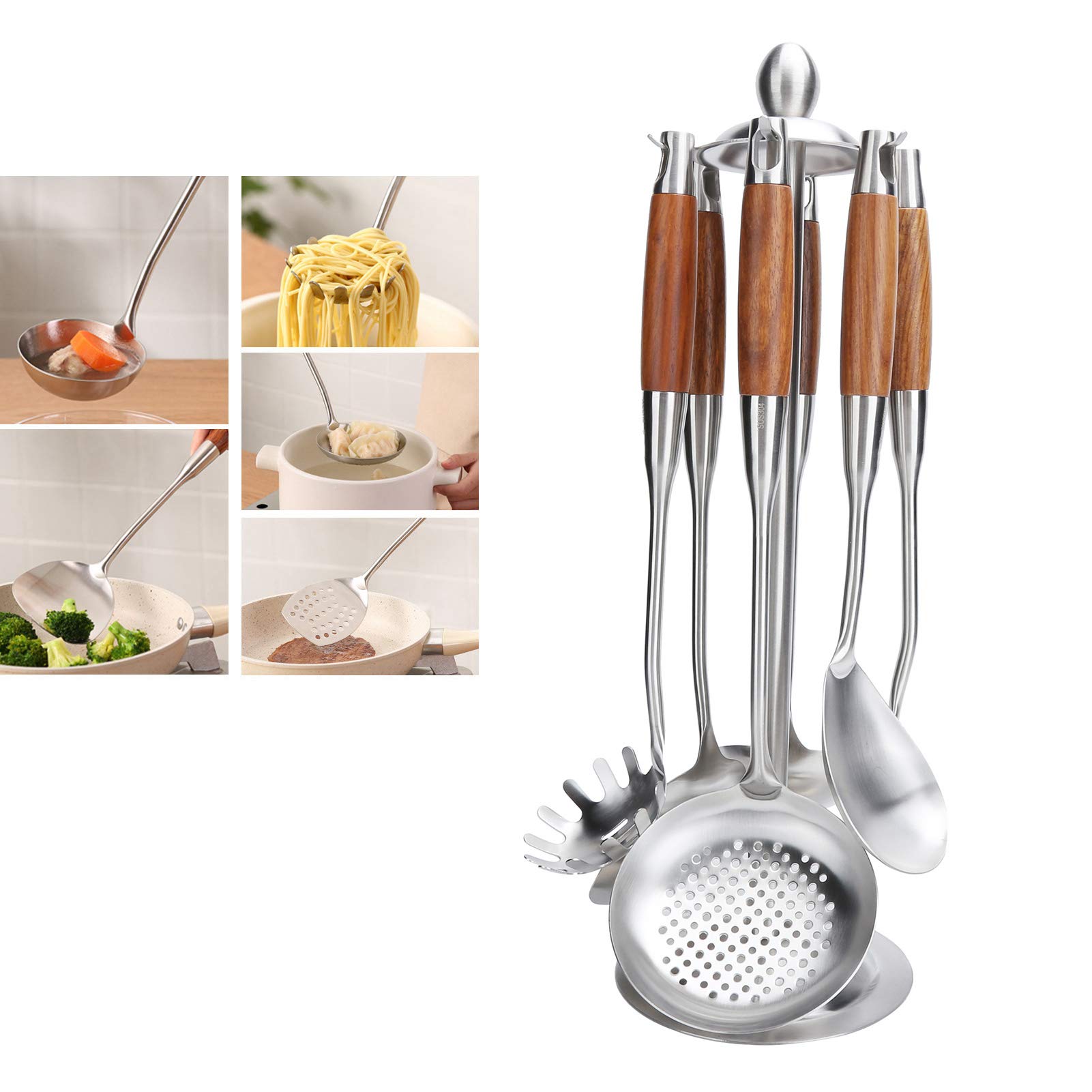 Juego de Espátula de Cocina de Acero Inoxidable 304 con de Madera para Utensilios para Cocinar y Freír, 7 Piezas