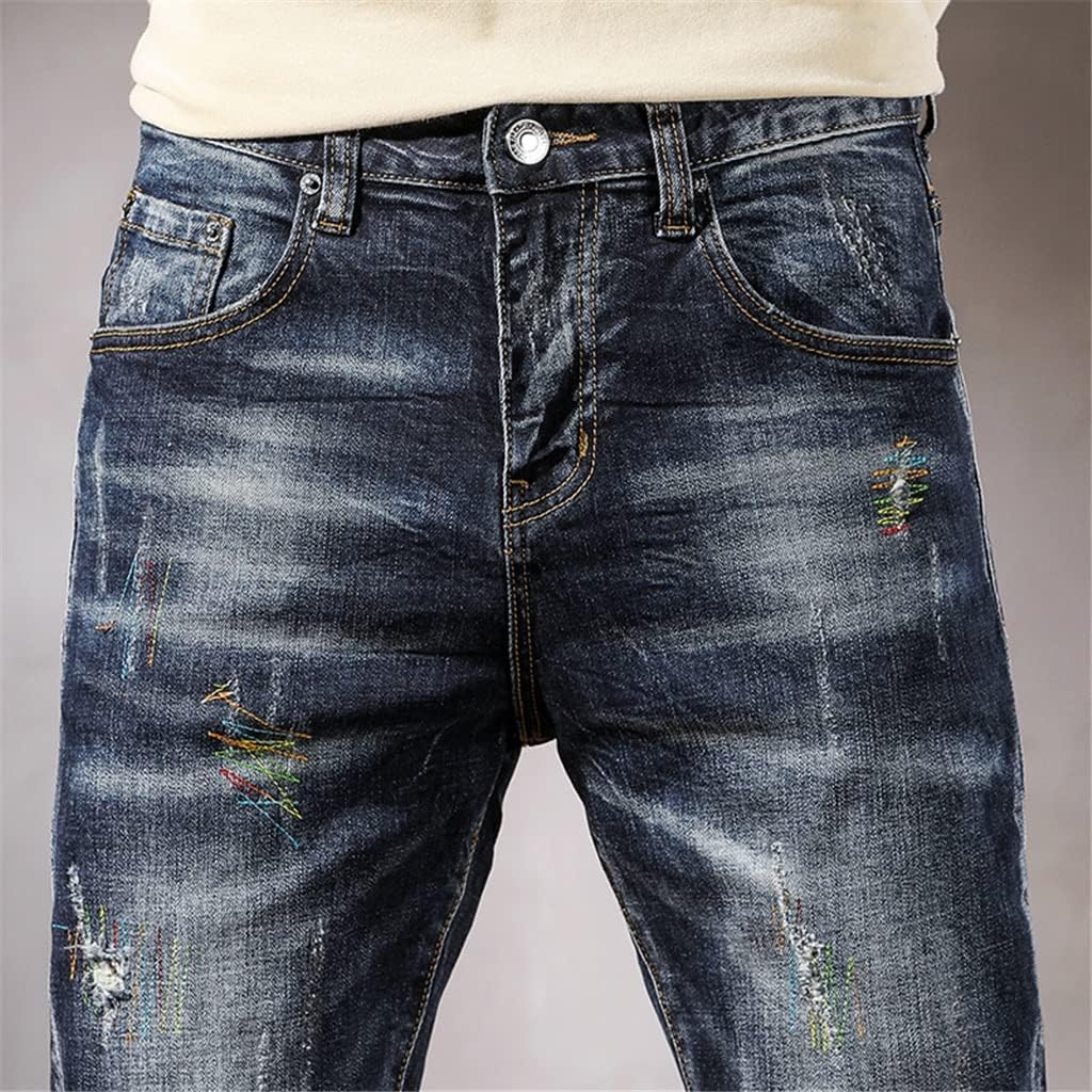 Ripped Jeans for Men Dark Stretch Slim Fit Distressed Patchwork Hip Hop Streetwear Frayed Casual Denim Pants
