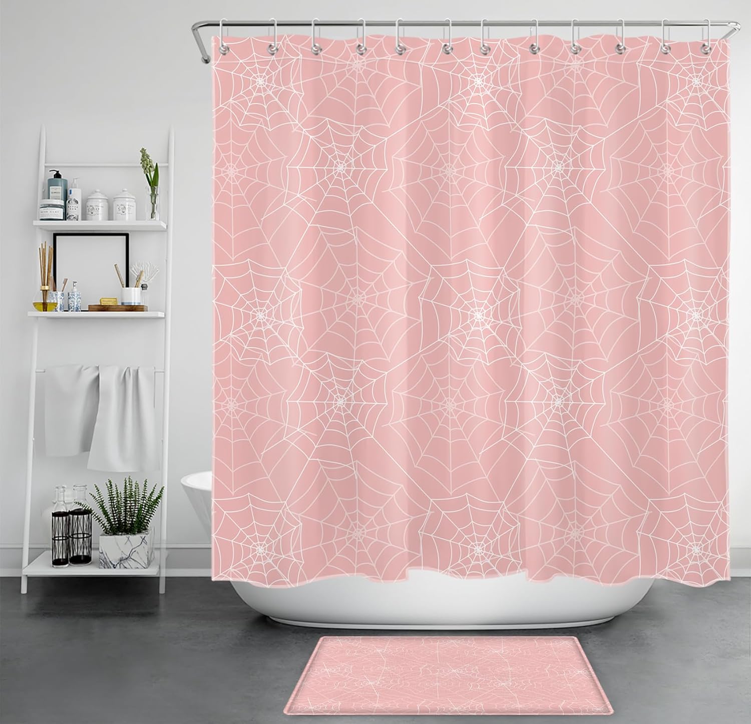 Pink Halloween Shower Curtain Sets with Rugs, Scary Spider Web Shower Curtain for Bathroom, Light Pink and White Bathroom Decorations, 70W X 70L inches
