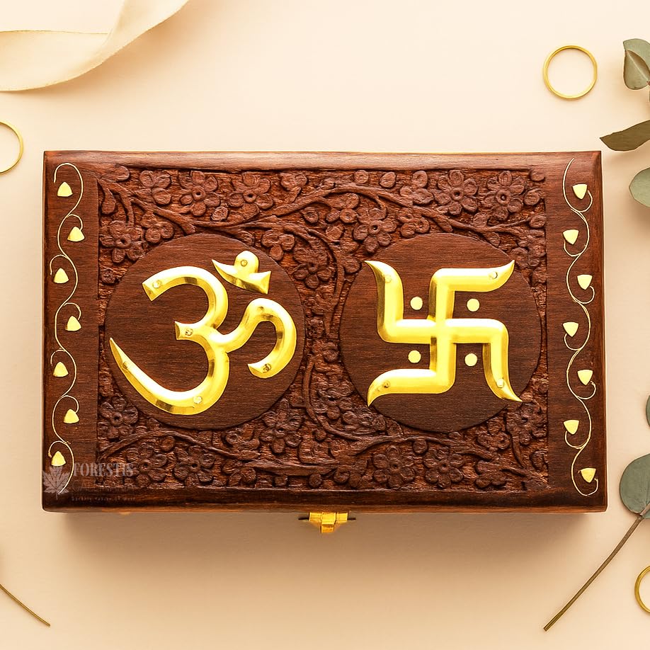 Image of Wooden OM Box for Good Luck| Jewellery Box| Decorative Case| Kit| Vanity| Organiser For Women, Necklaces, cash, gold (8X5 Inches, Galaxy)