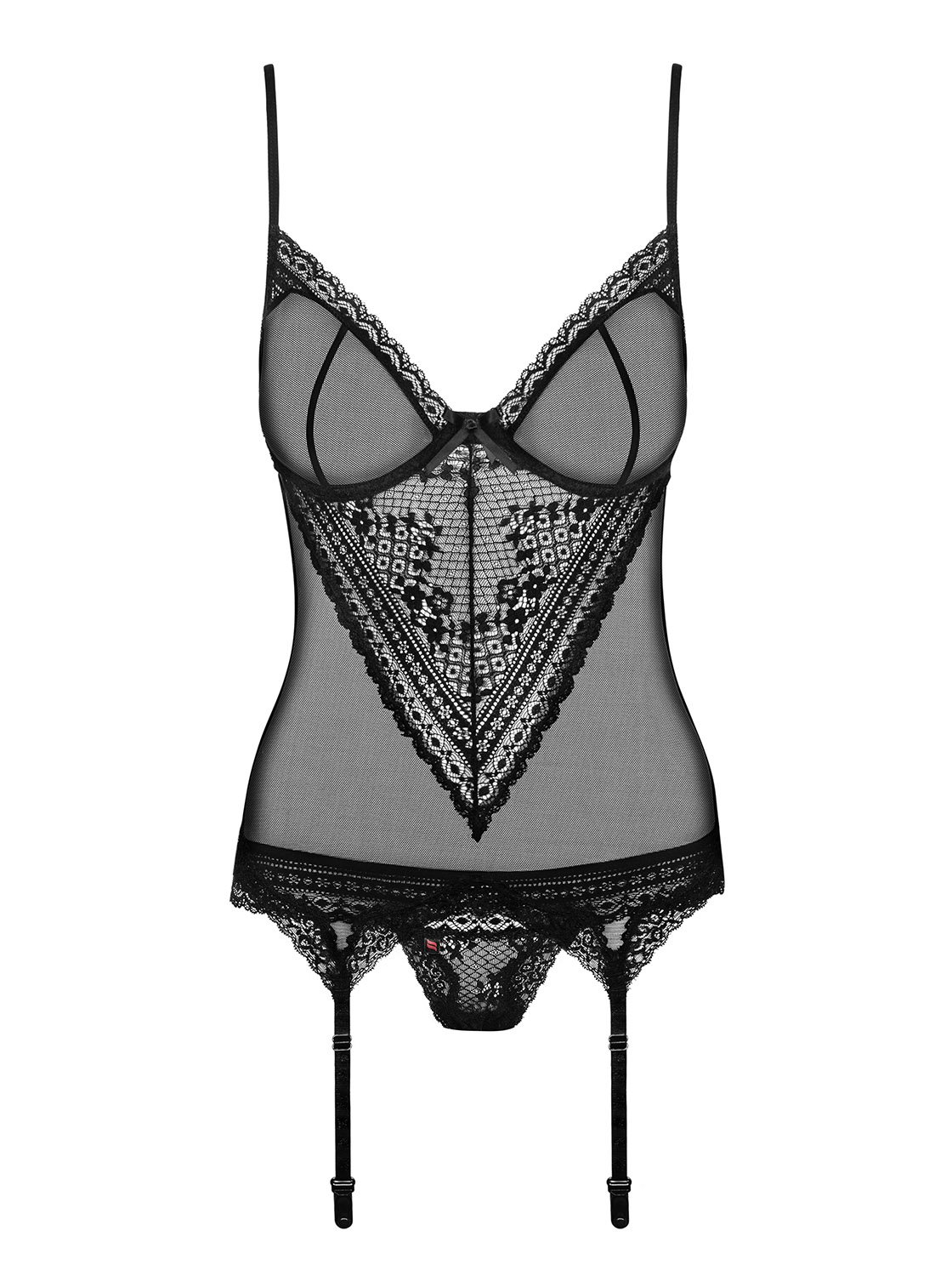 Obsessive. Damen Dessous Dessous Set String und Neckholder BH tiefer Ausschnitt rot aus Spitze transparent mit Bänder